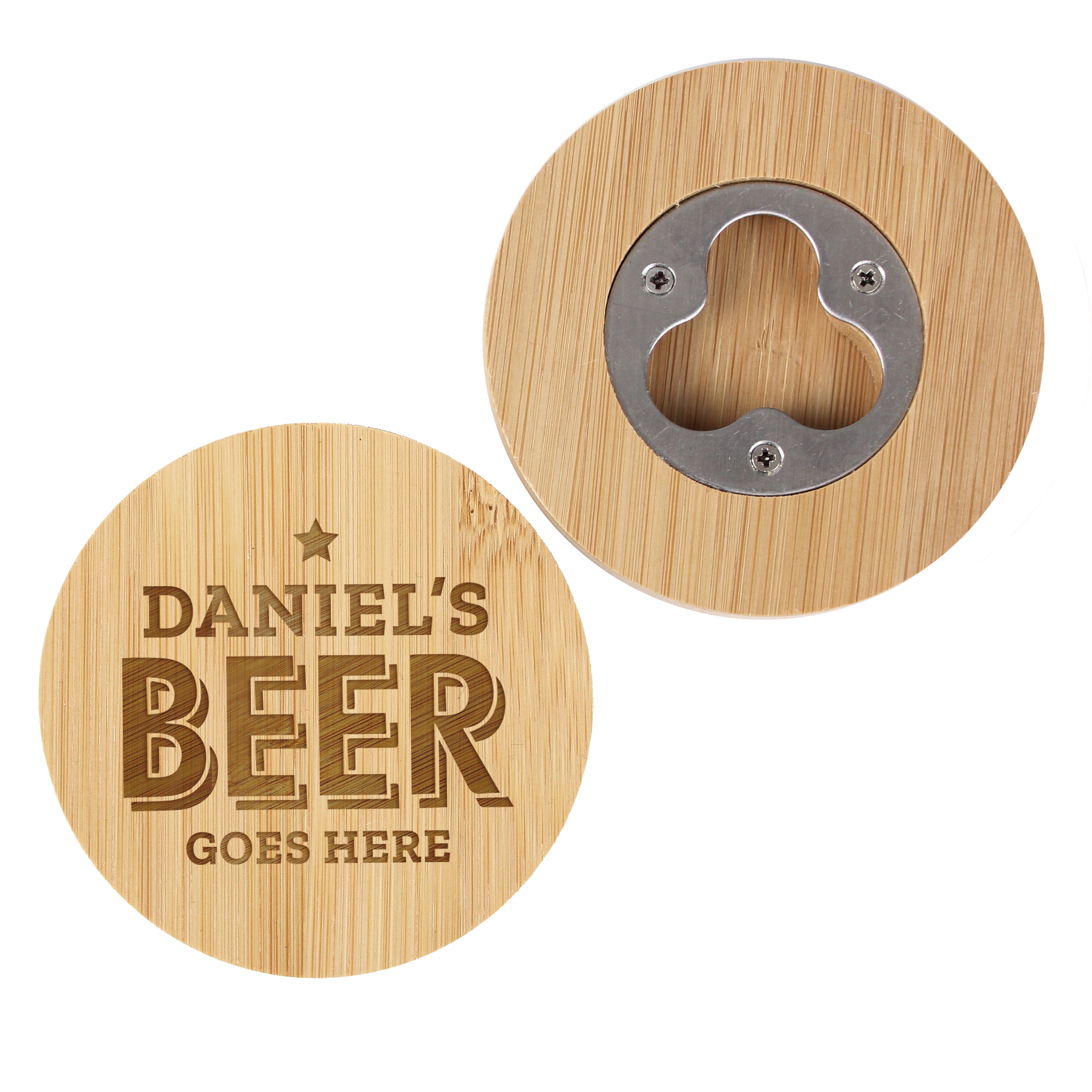 Personalised Beer Goes Here Bamboo Bottle Opener Coaster