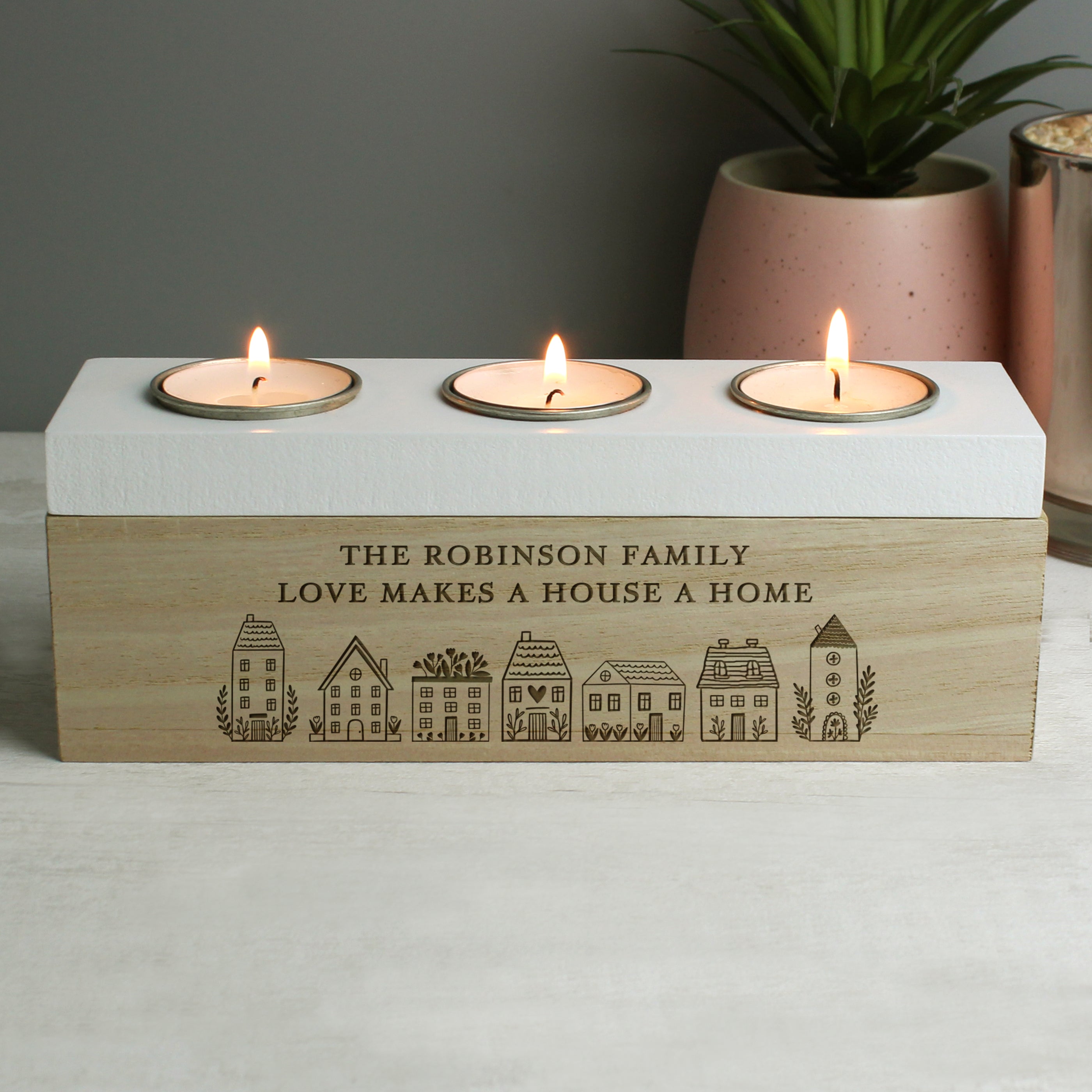 Personalised HOME Triple Tea Light Box