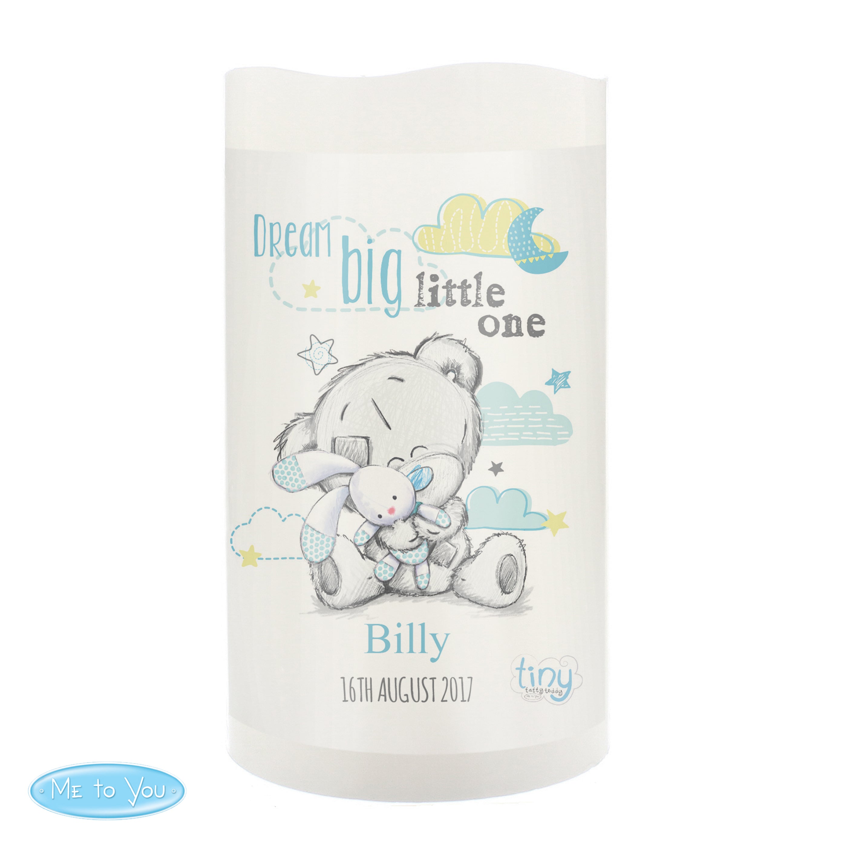 Personalised Tiny Tatty Teddy Dream Big Blue Nightlight LED Candle