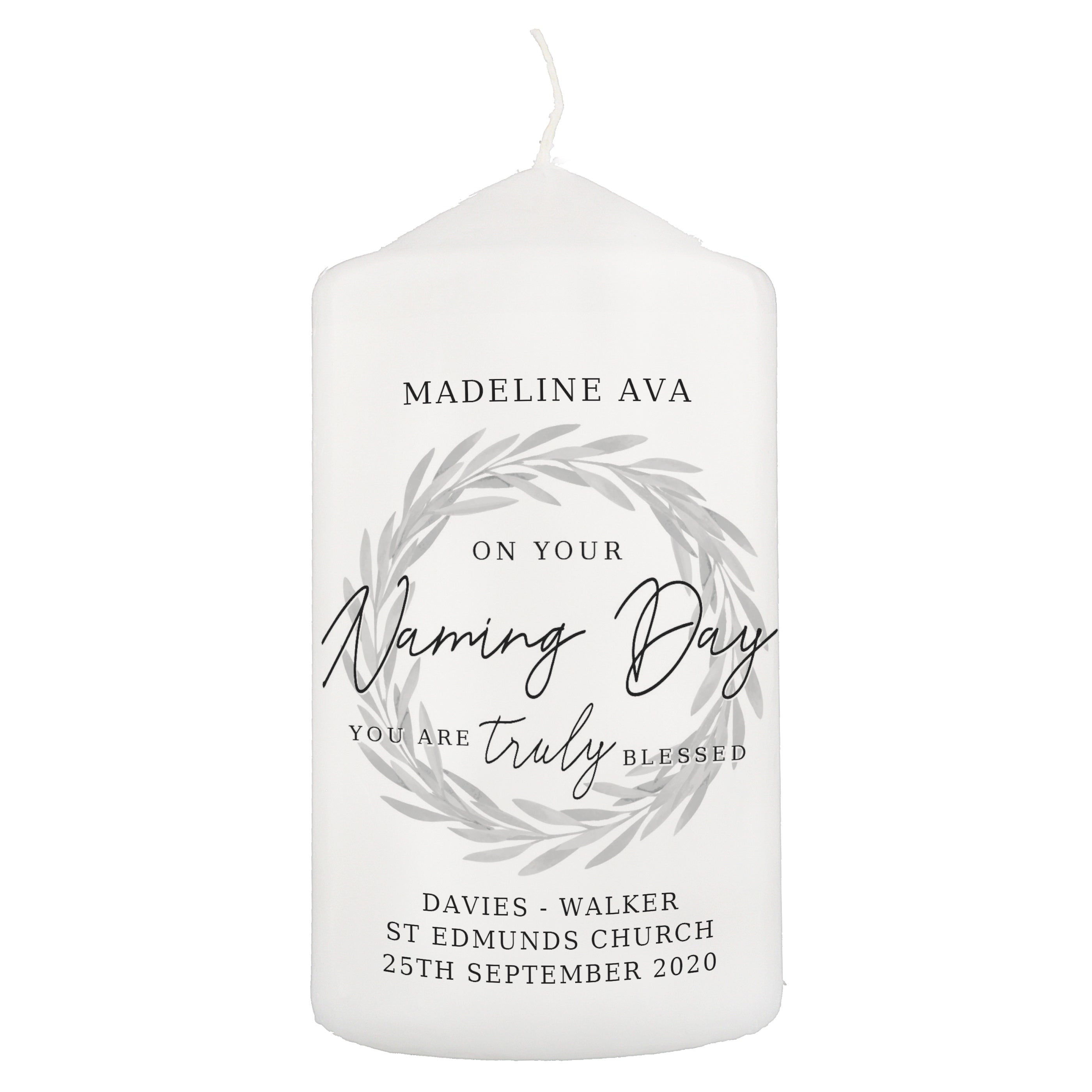 Personalised Truly Blessed Naming Day Pillar Candle