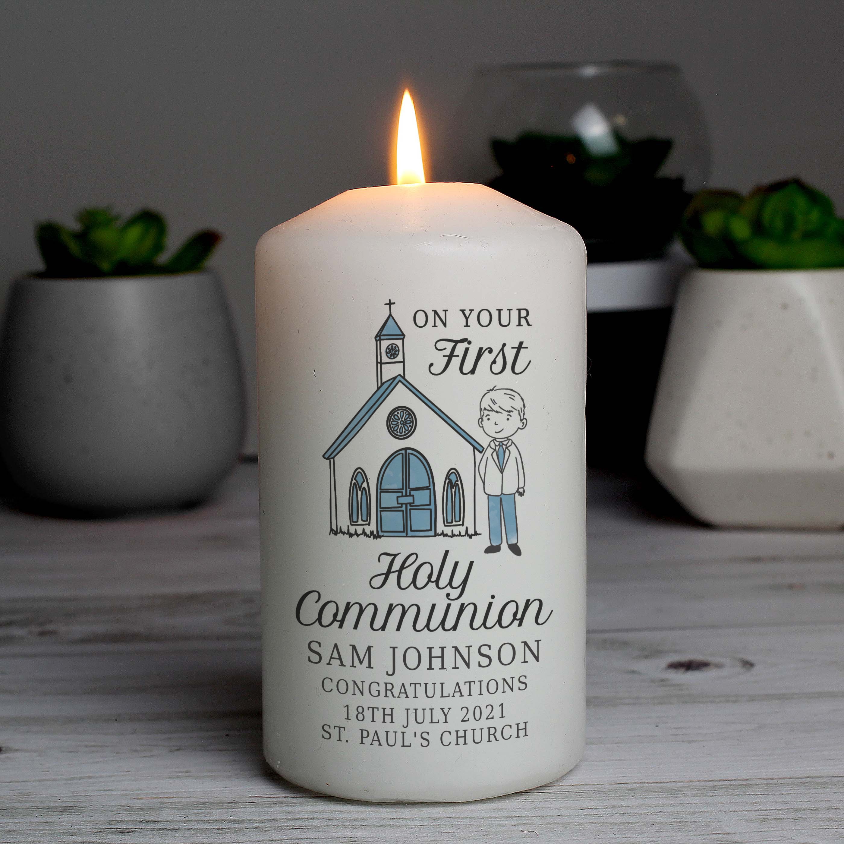 Personalised Boys First Holy Communion Pillar Candle