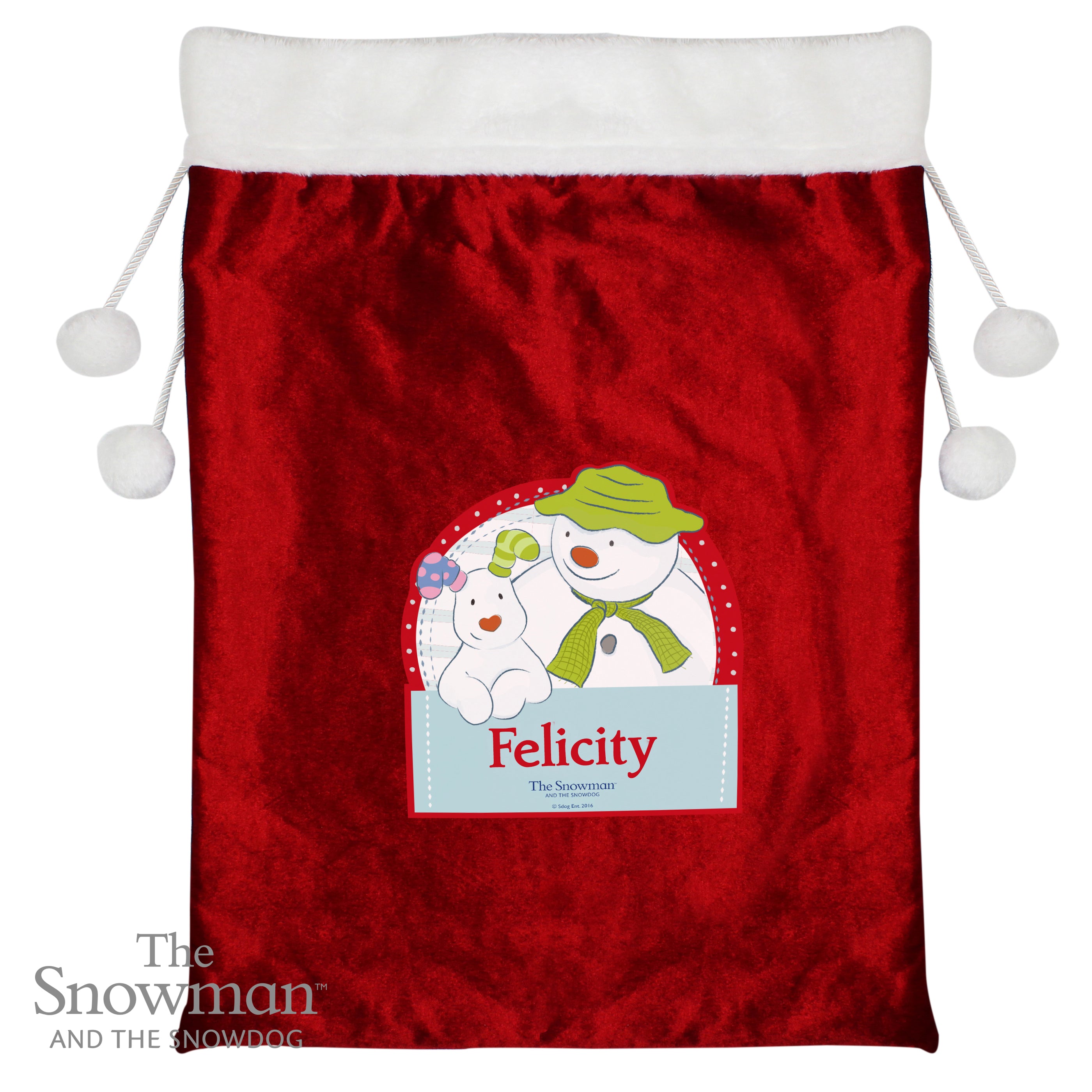 Personalised The Snowman and the Snowdog Luxury Pom Pom Sack