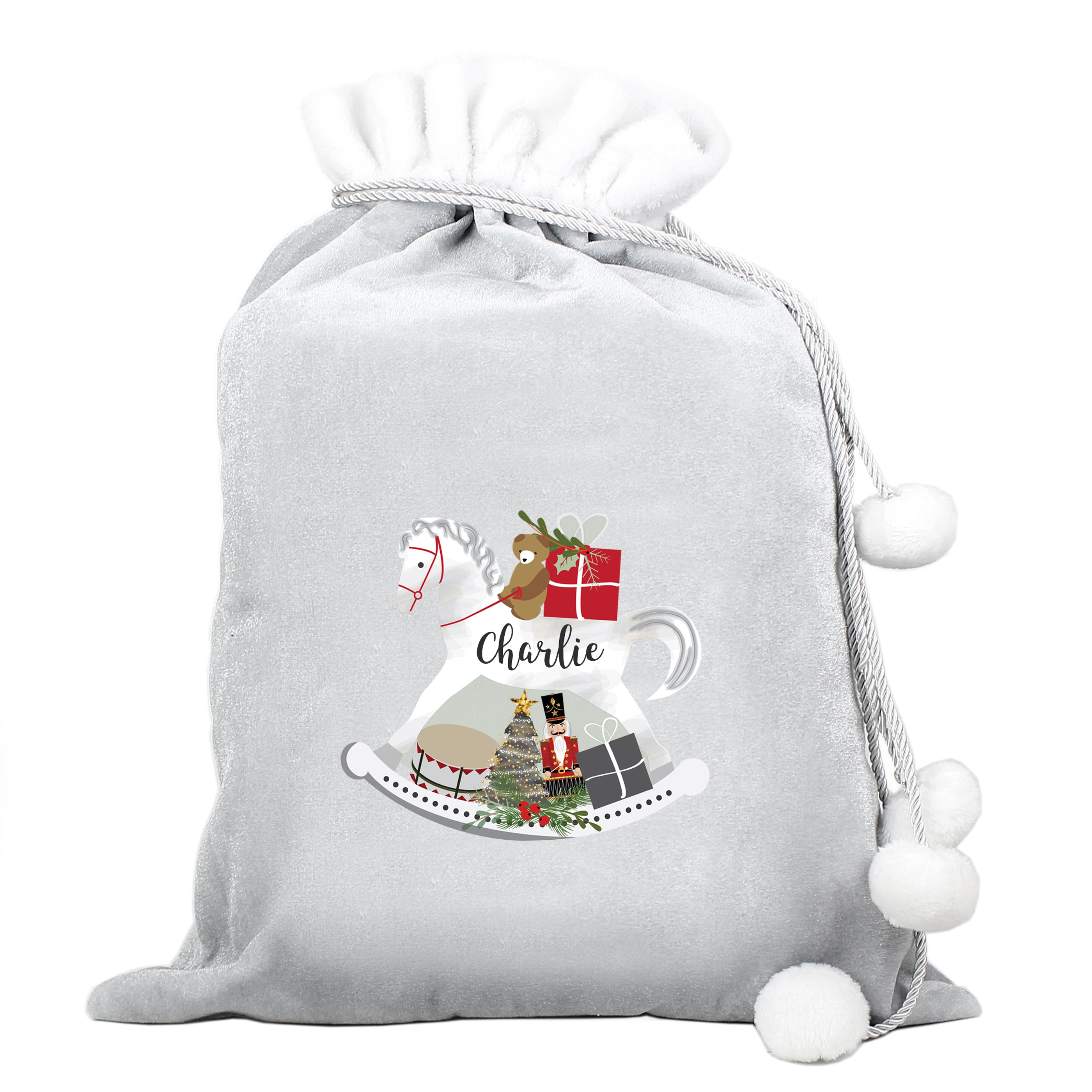 Personalised Rocking Horse Luxury Silver Grey Pom Pom Sack