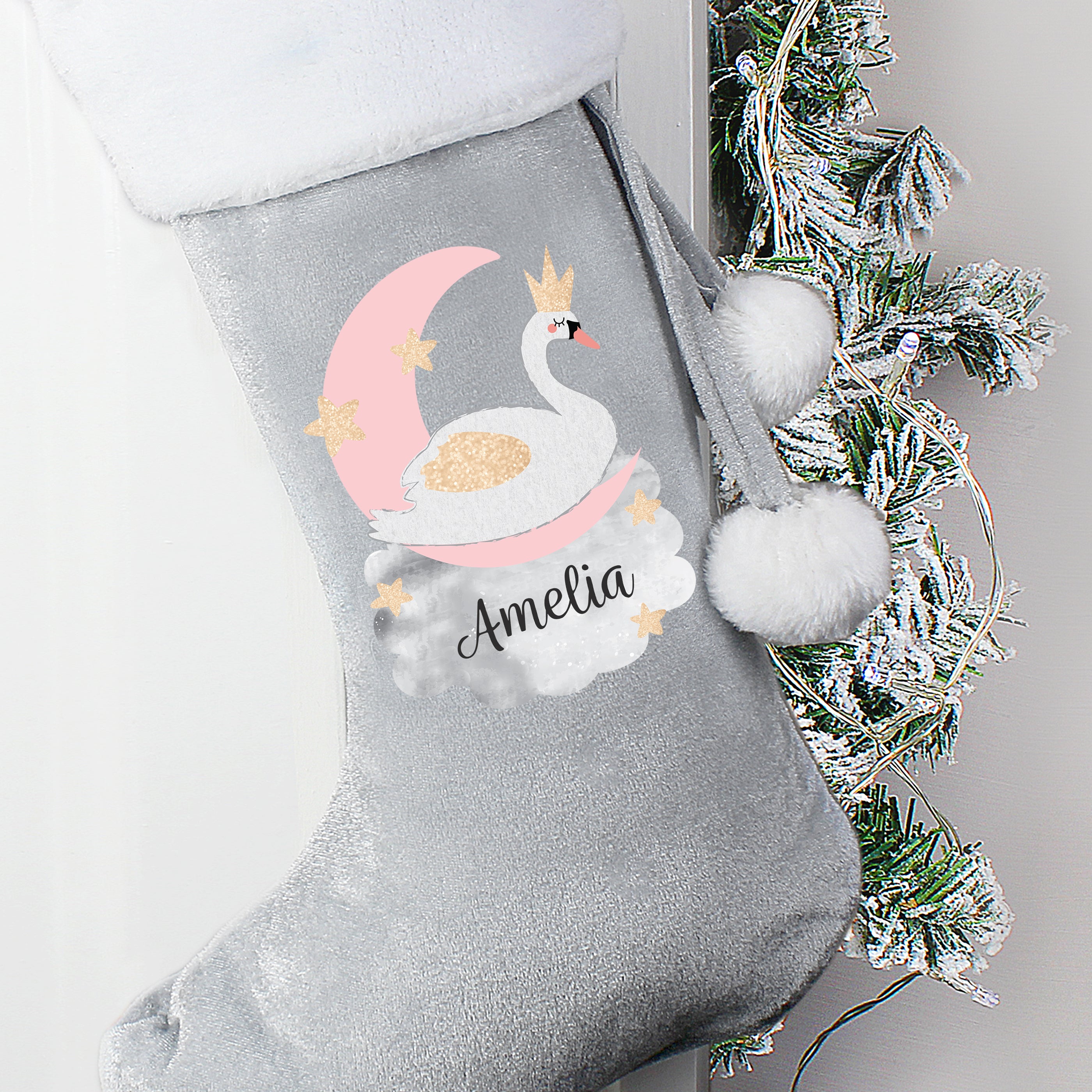 Personalised Swan Lake Luxury Silver Grey Stocking