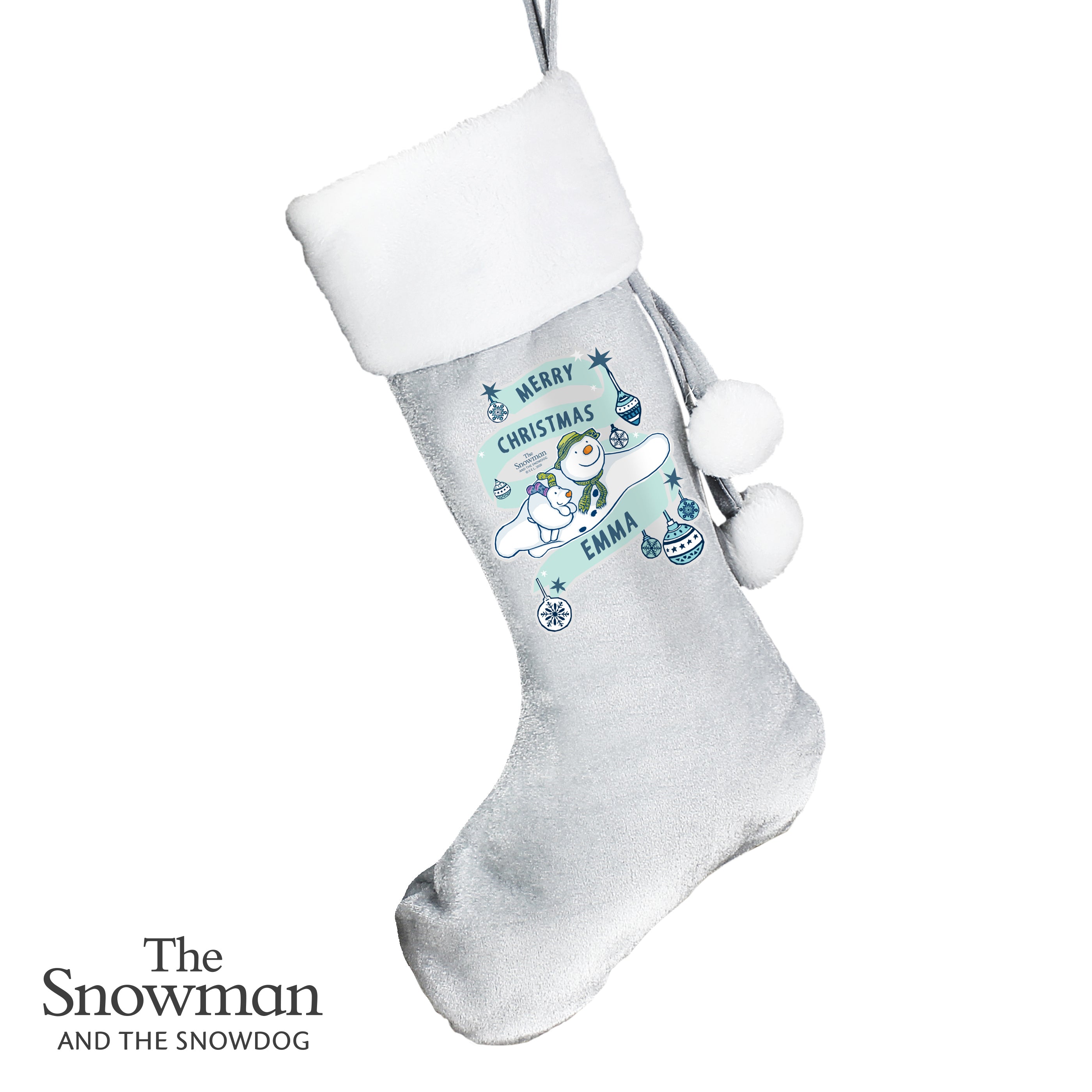 Personalised The Snowman and the Snowdog Luxury Silver Grey Stocking