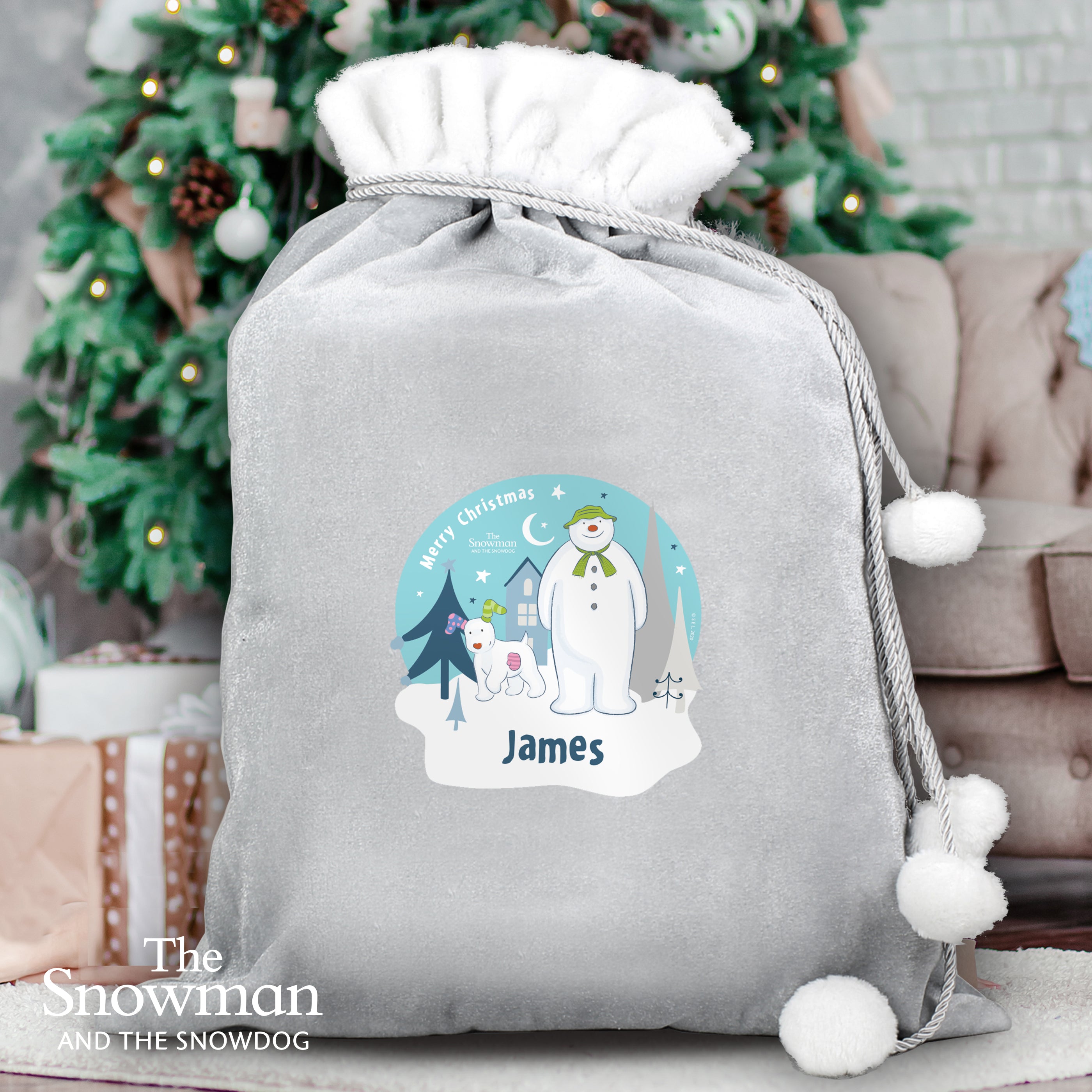 Personalised The Snowman and the Snowdog Luxury Silver Grey Pom Pom Sack