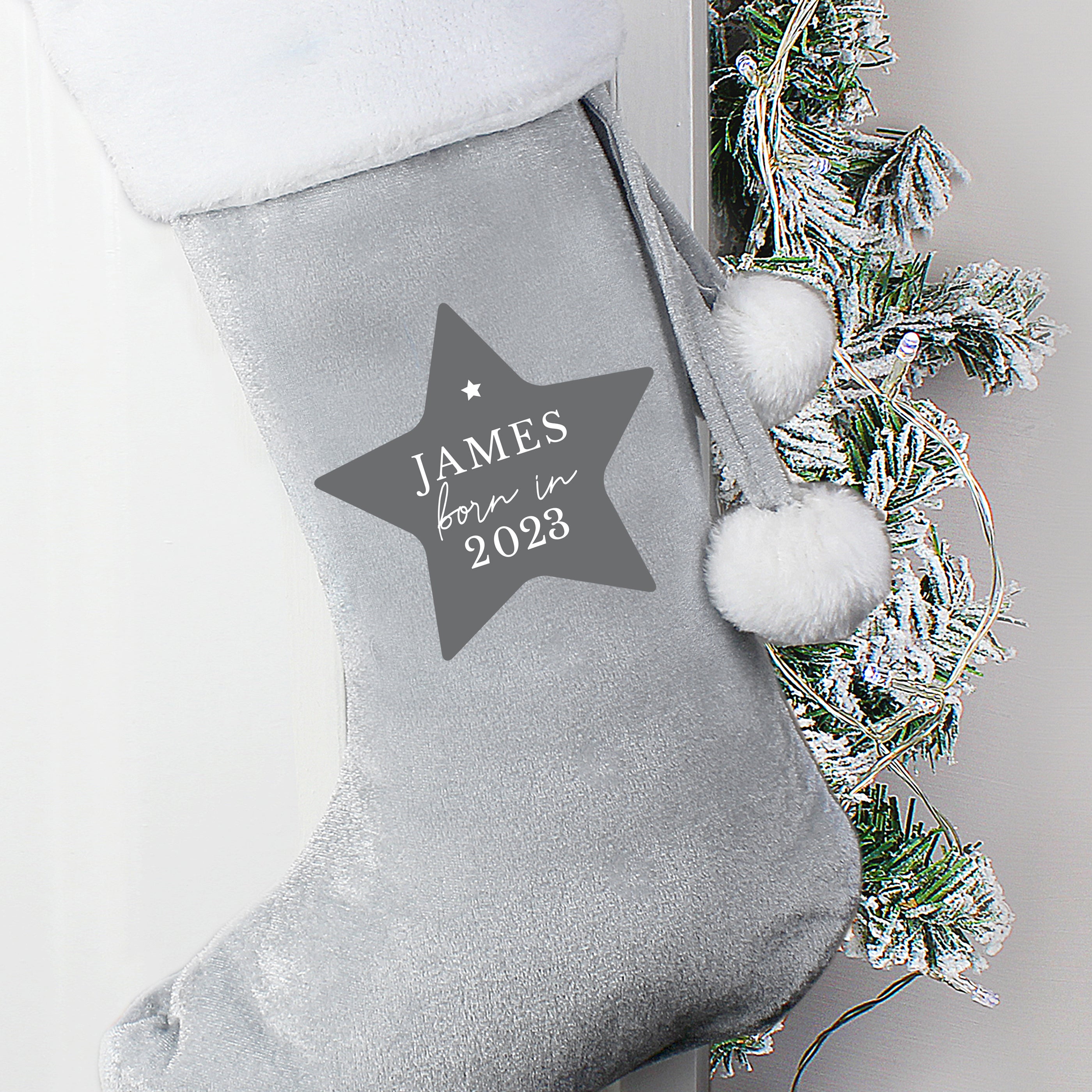 Personalised Born In Luxury Silver Grey Stocking