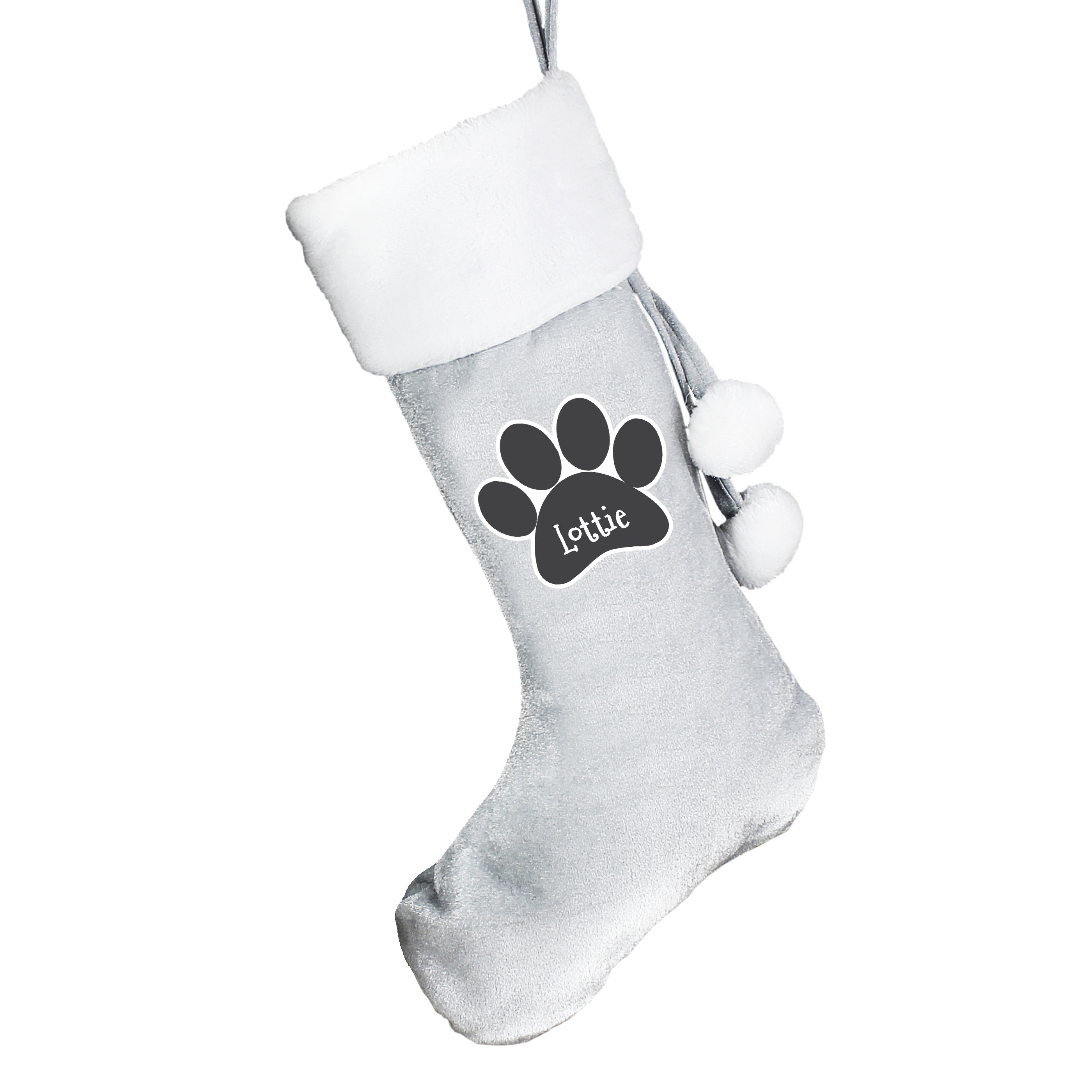 Personalised Paw Print Silver Grey Stocking