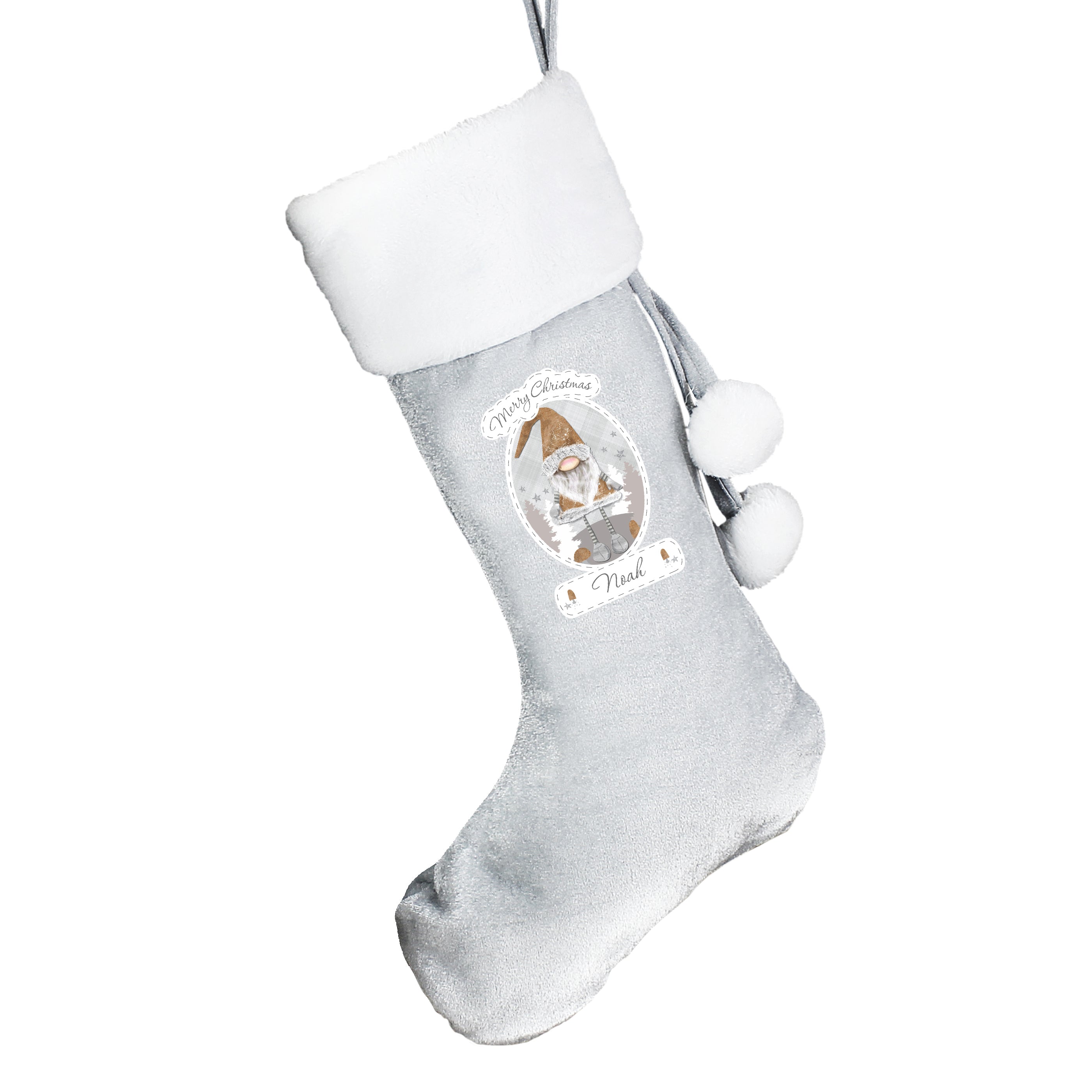 Personalised Christmas Gonk Silver Grey Stocking