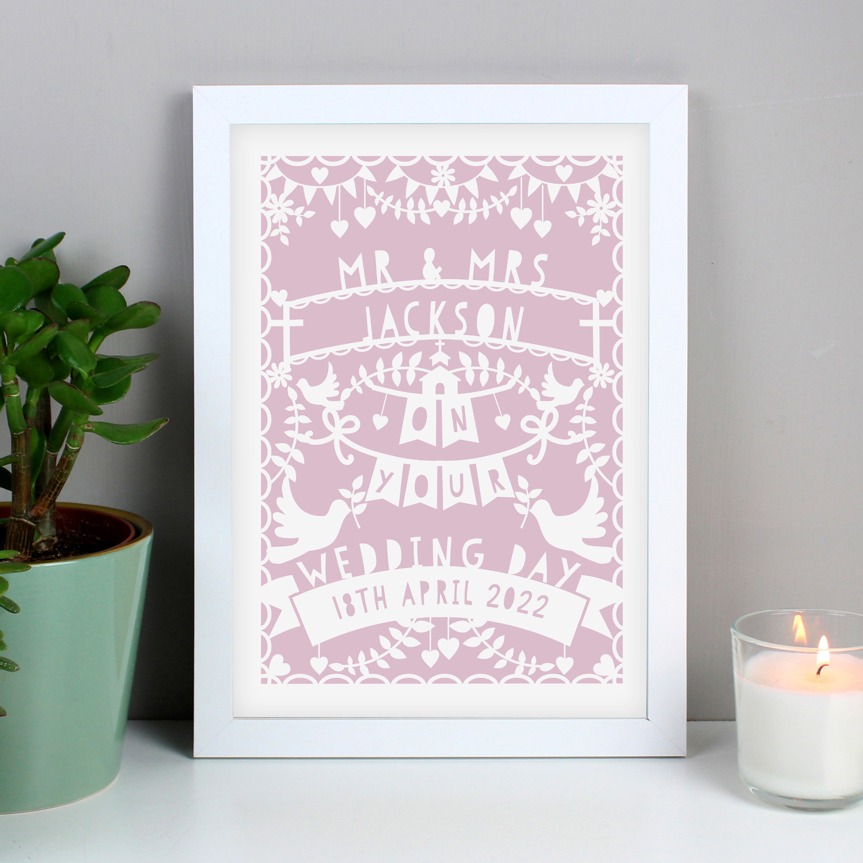 Personalised Pink Papercut Style A4 White Framed Print