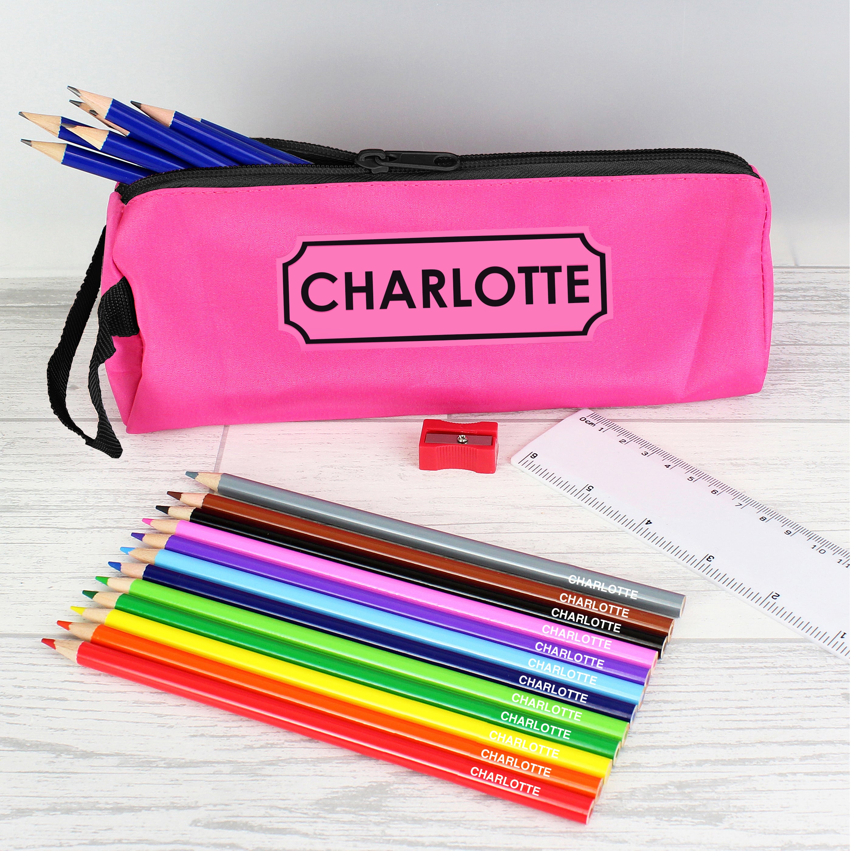 Pink Pencil Case with Personalised Pencils & Crayons