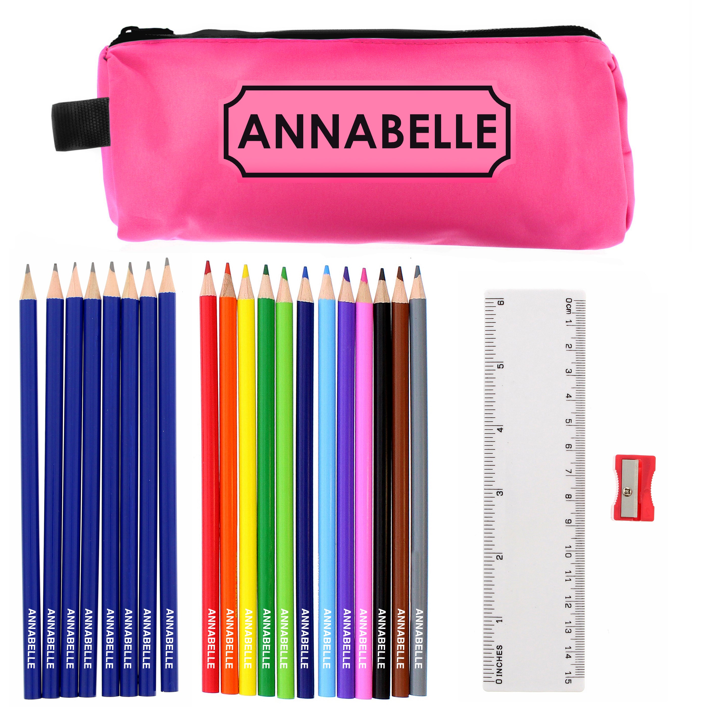 Pink Pencil Case with Personalised Pencils & Crayons