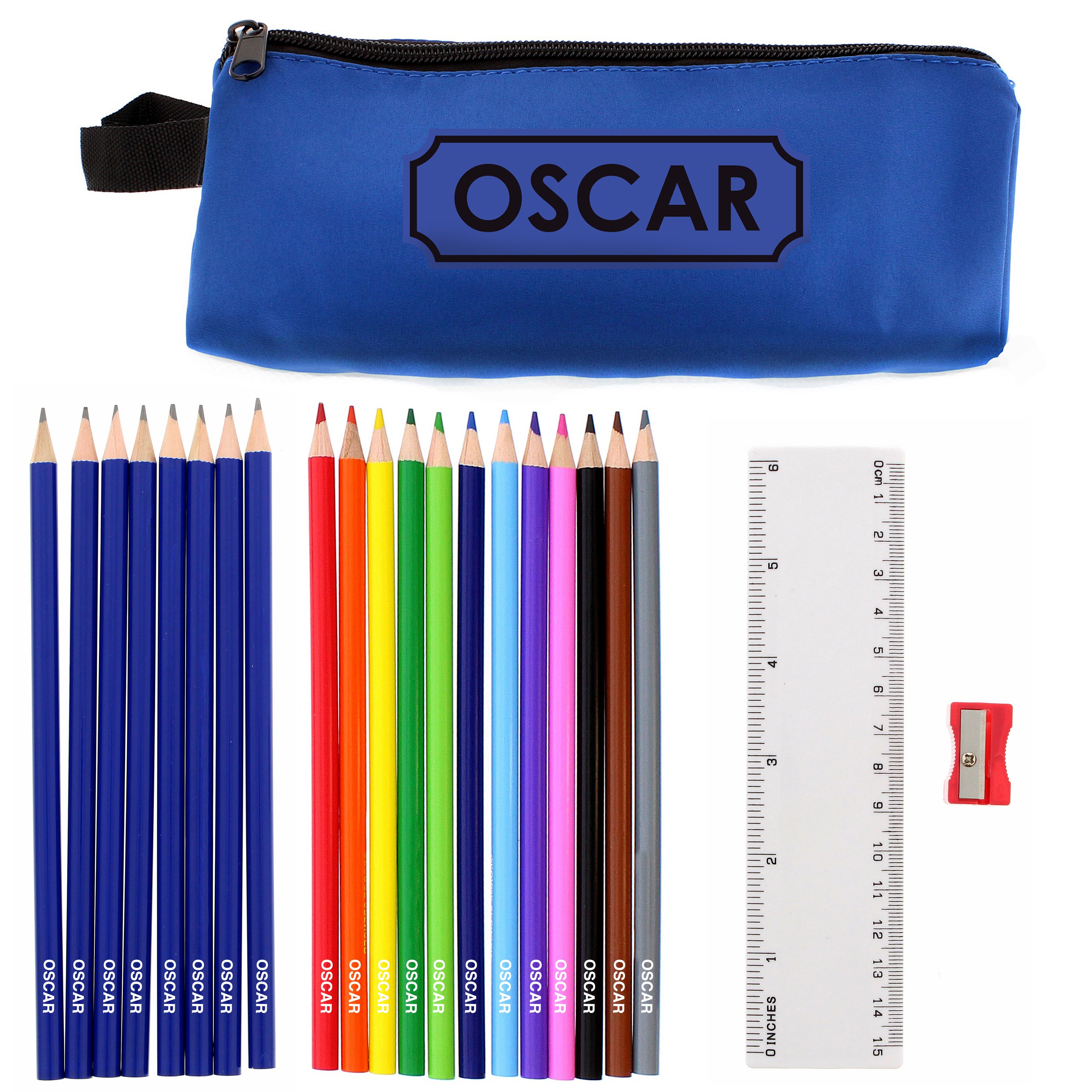 Blue Pencil Case with Personalised Pencils & Crayons