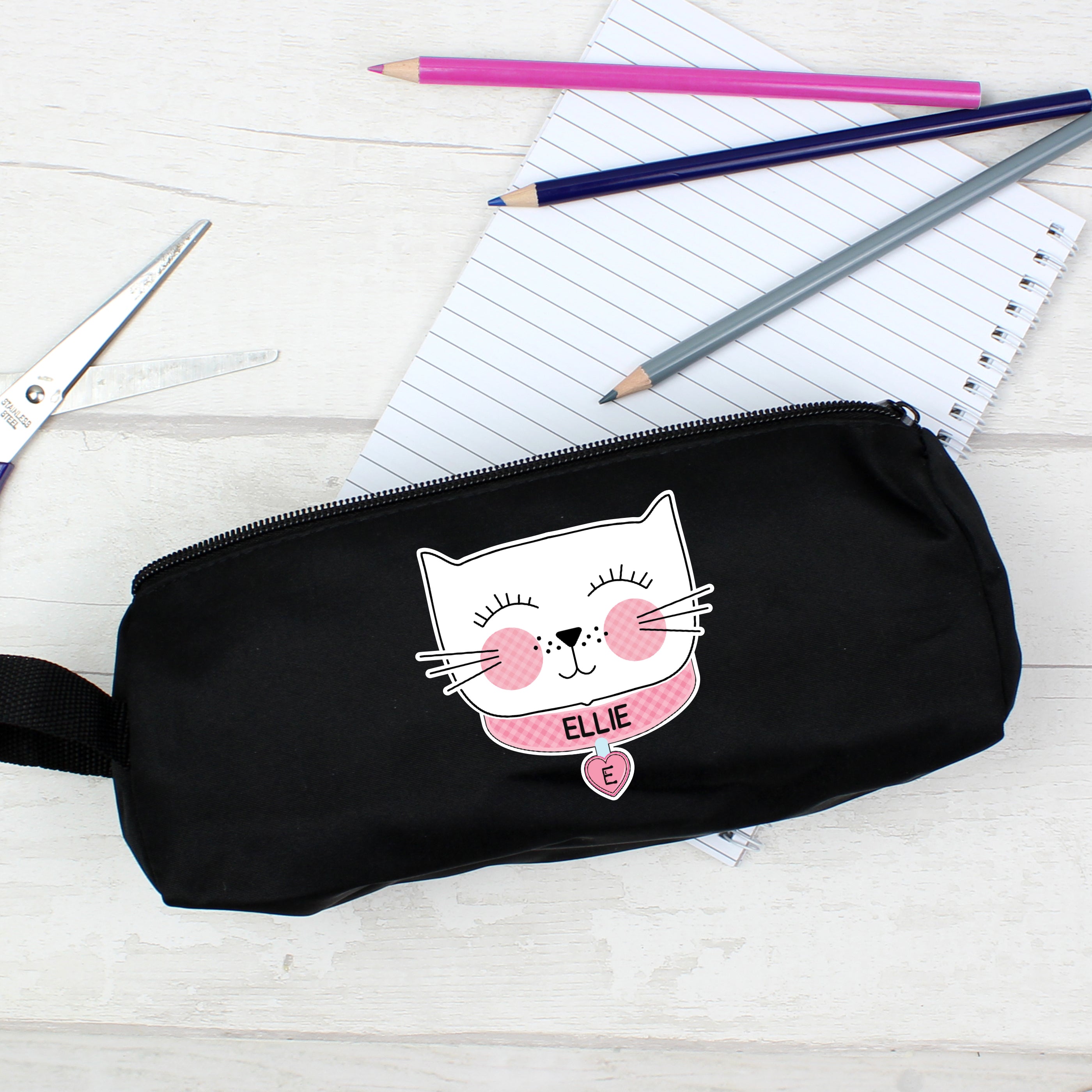 Personalised Cute Cat Black Pencil Case