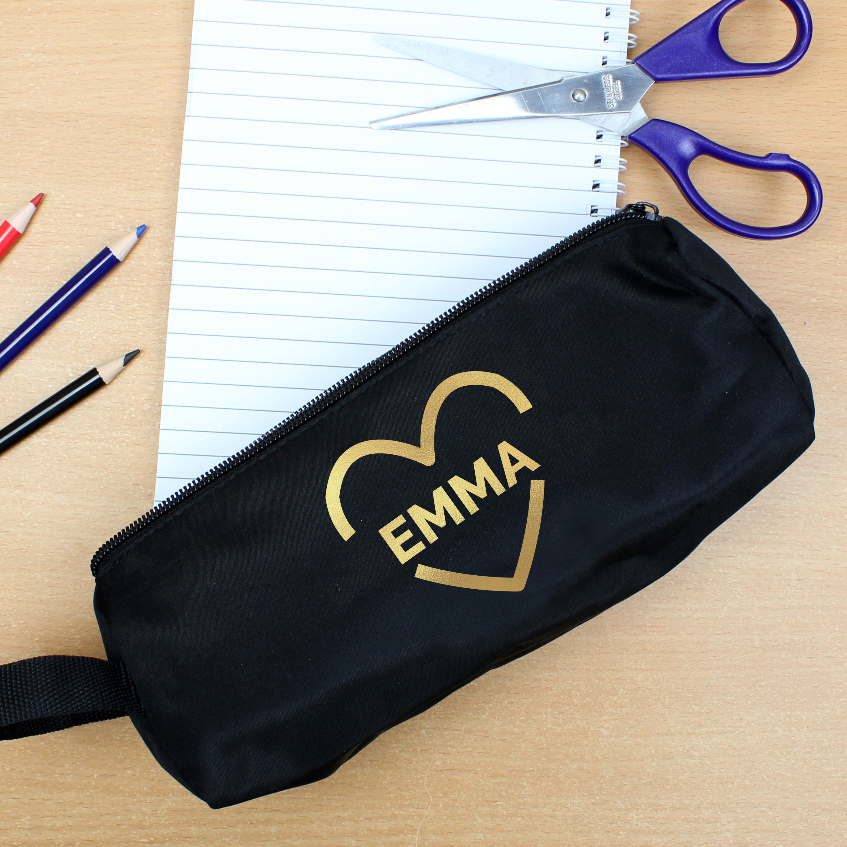 Personalised Gold Heart Black Pencil Case