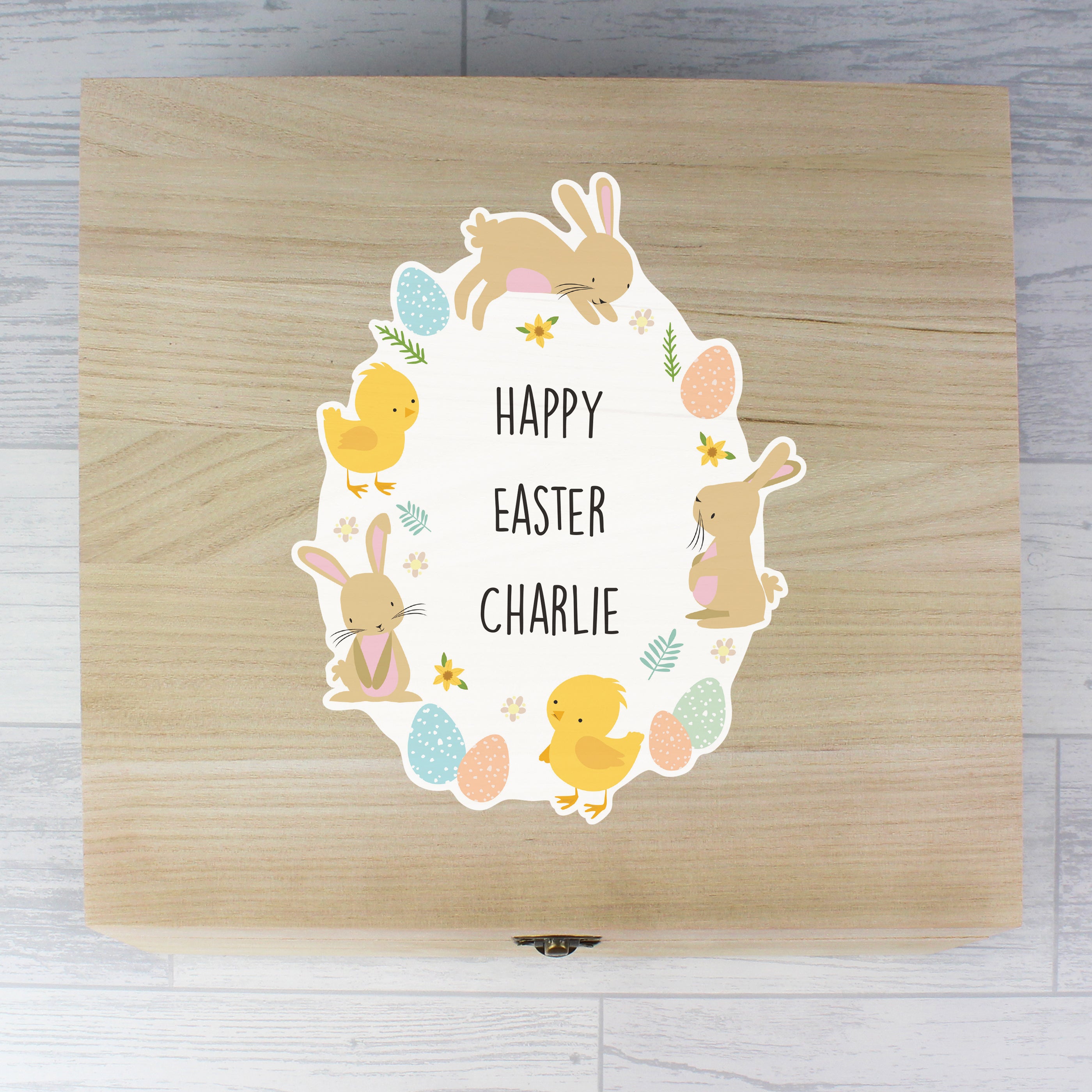 Personalised Easter Bunny & Chick Large Wooden Keepsake Box