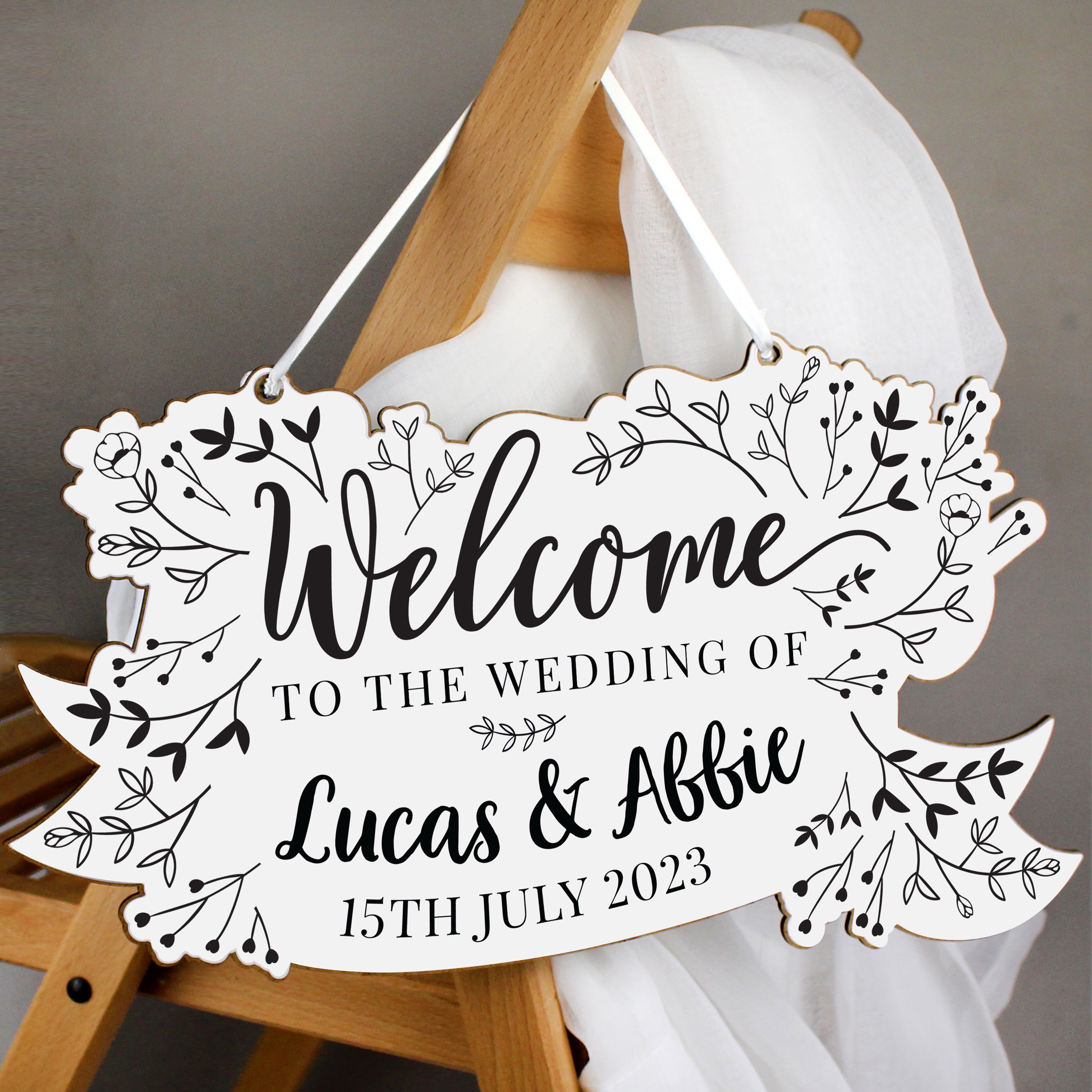 Personalised Monochrome Floral Wedding Wooden Hanging Decoration