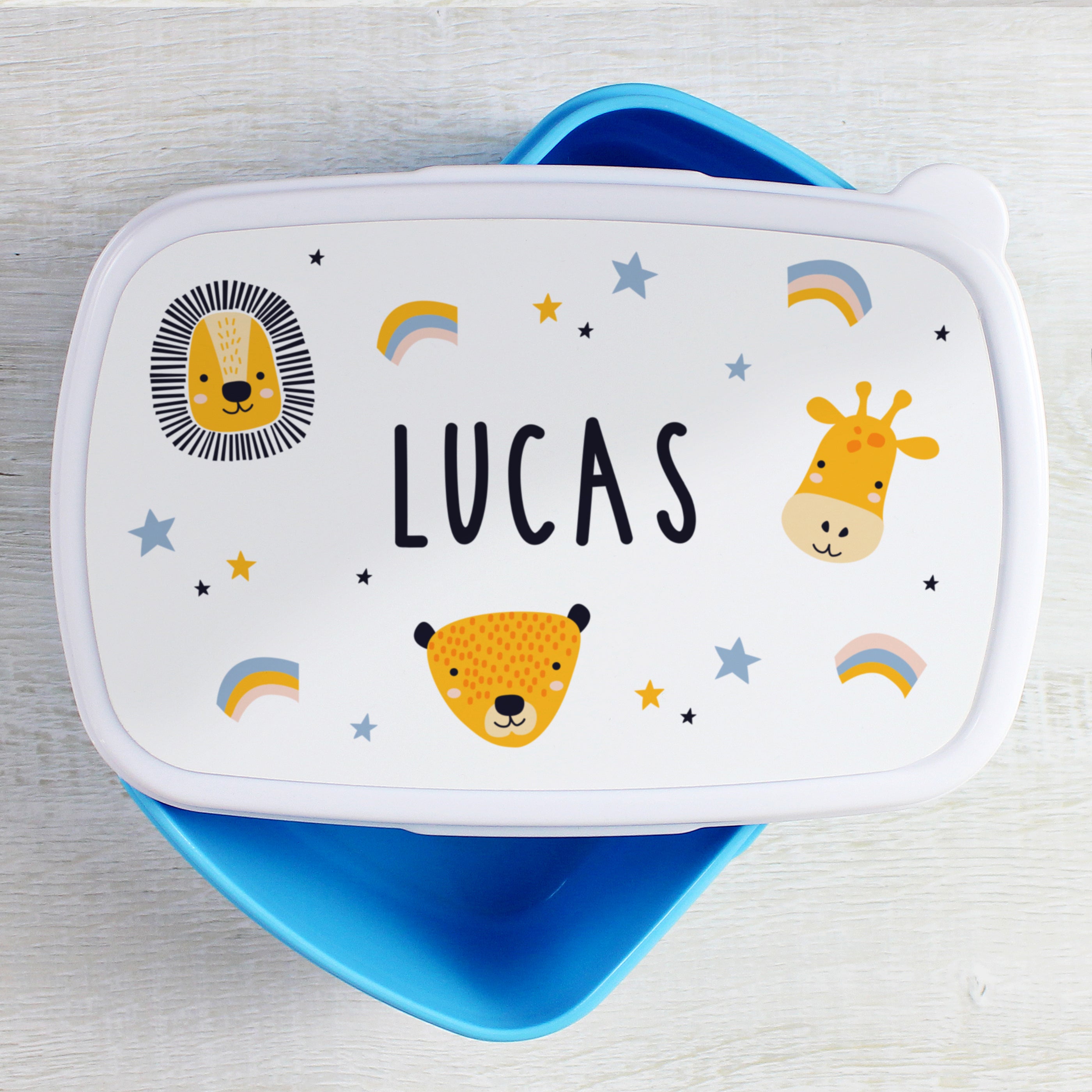 Personalised Safari Animals Name Only Blue Lunch Box