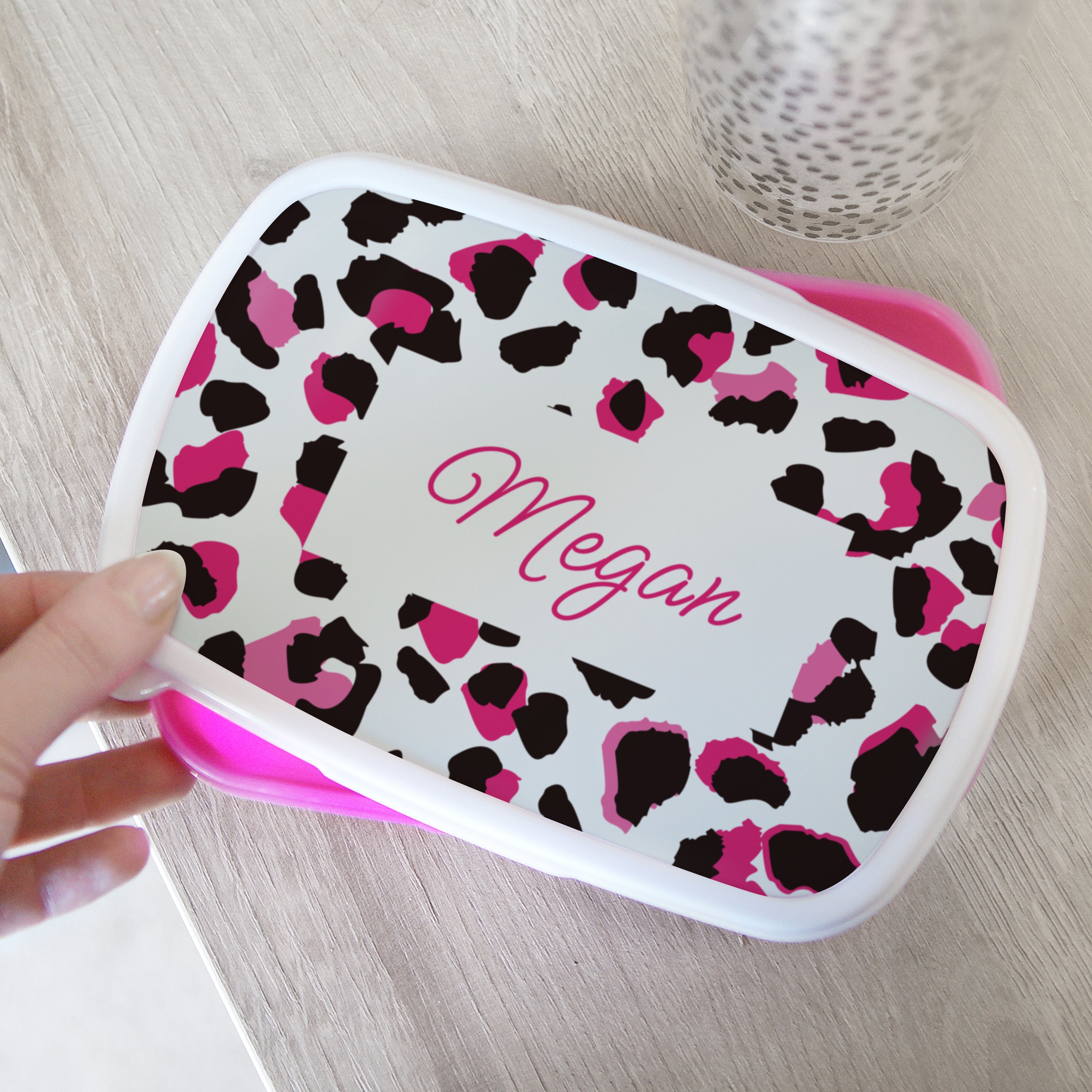 Personalised Leopard Print Name Only Pink Lunch Box