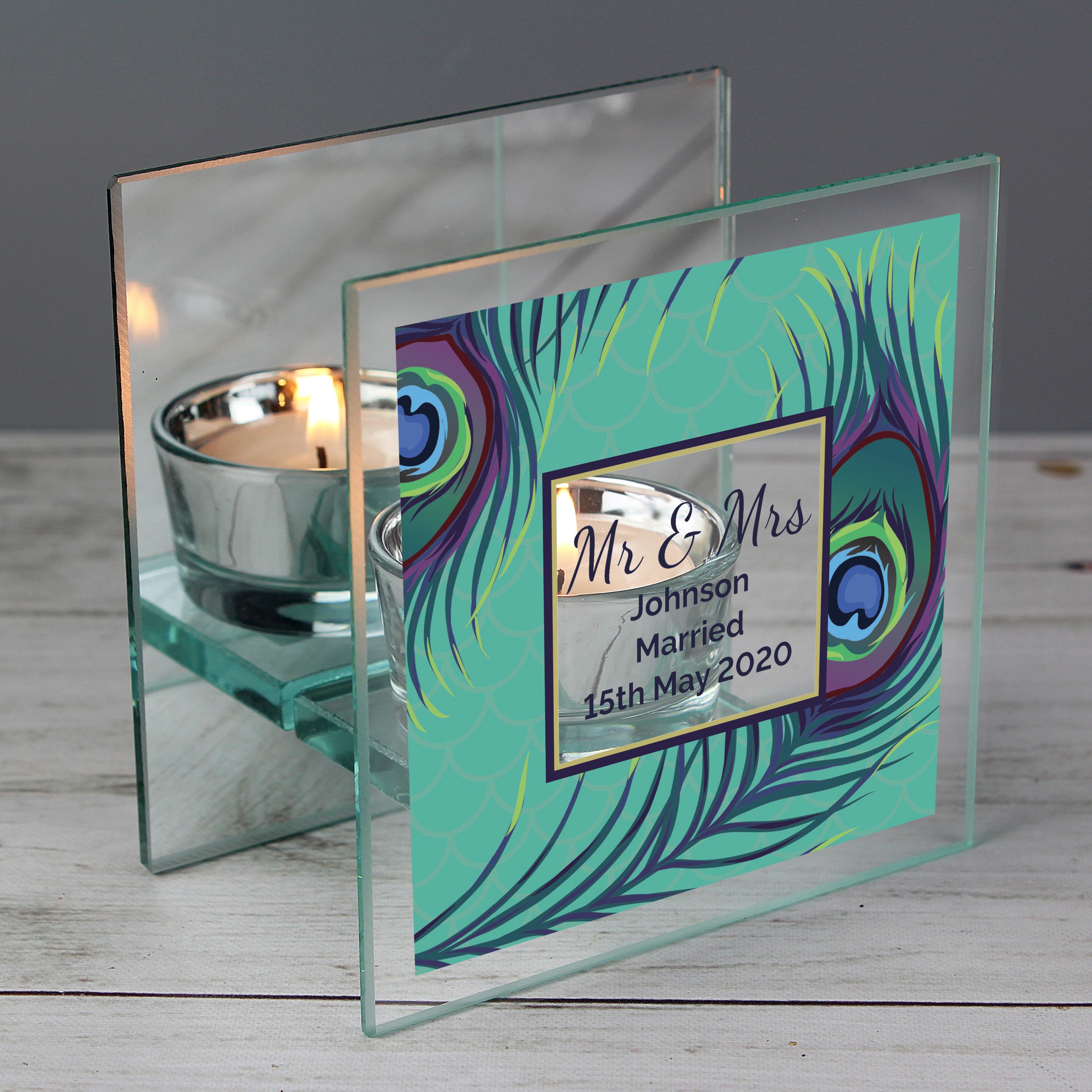 Personalised Peacock Mirrored Glass Tea Light Candle Holder