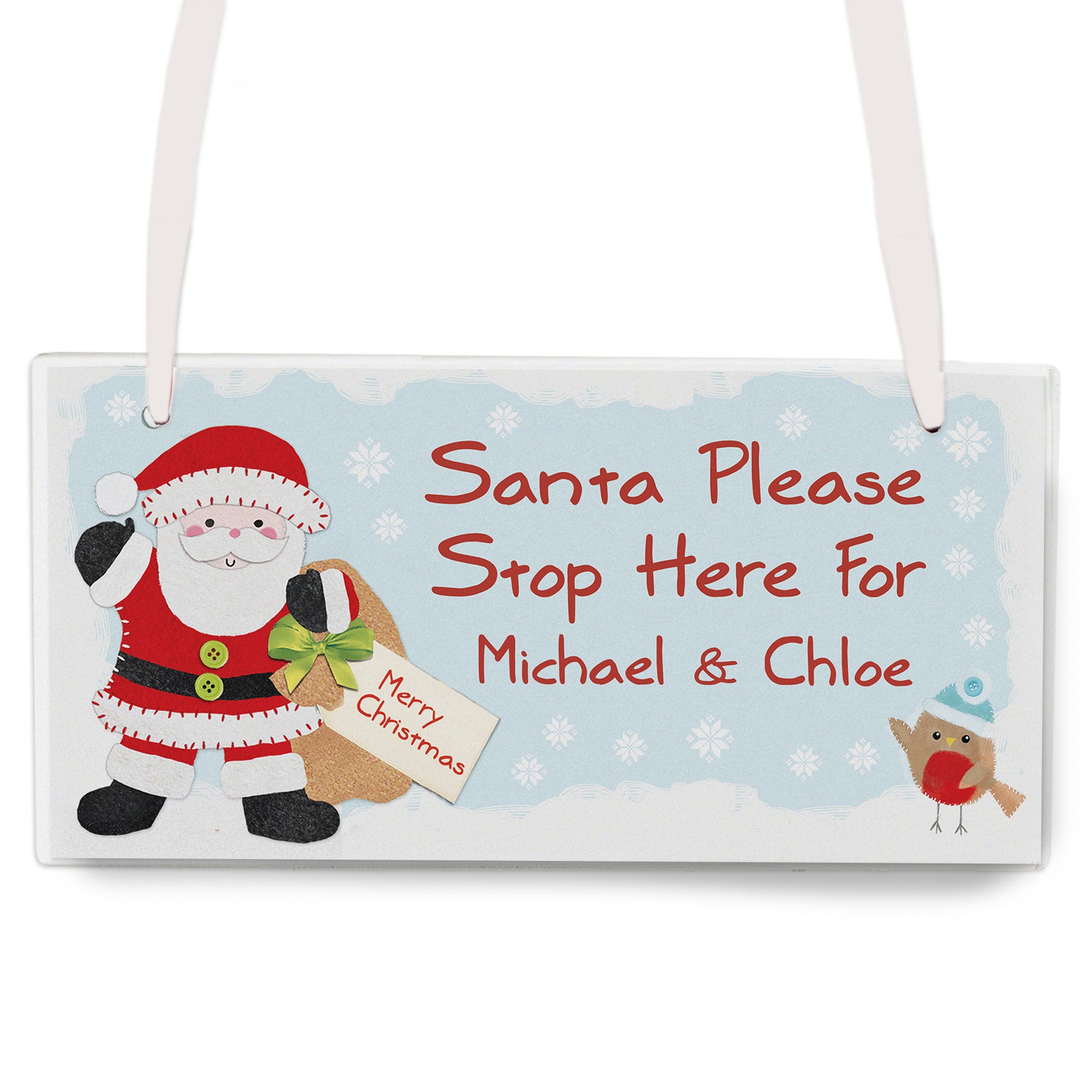 Personalised Felt Stitch Santa Stop Here Wooden Sign