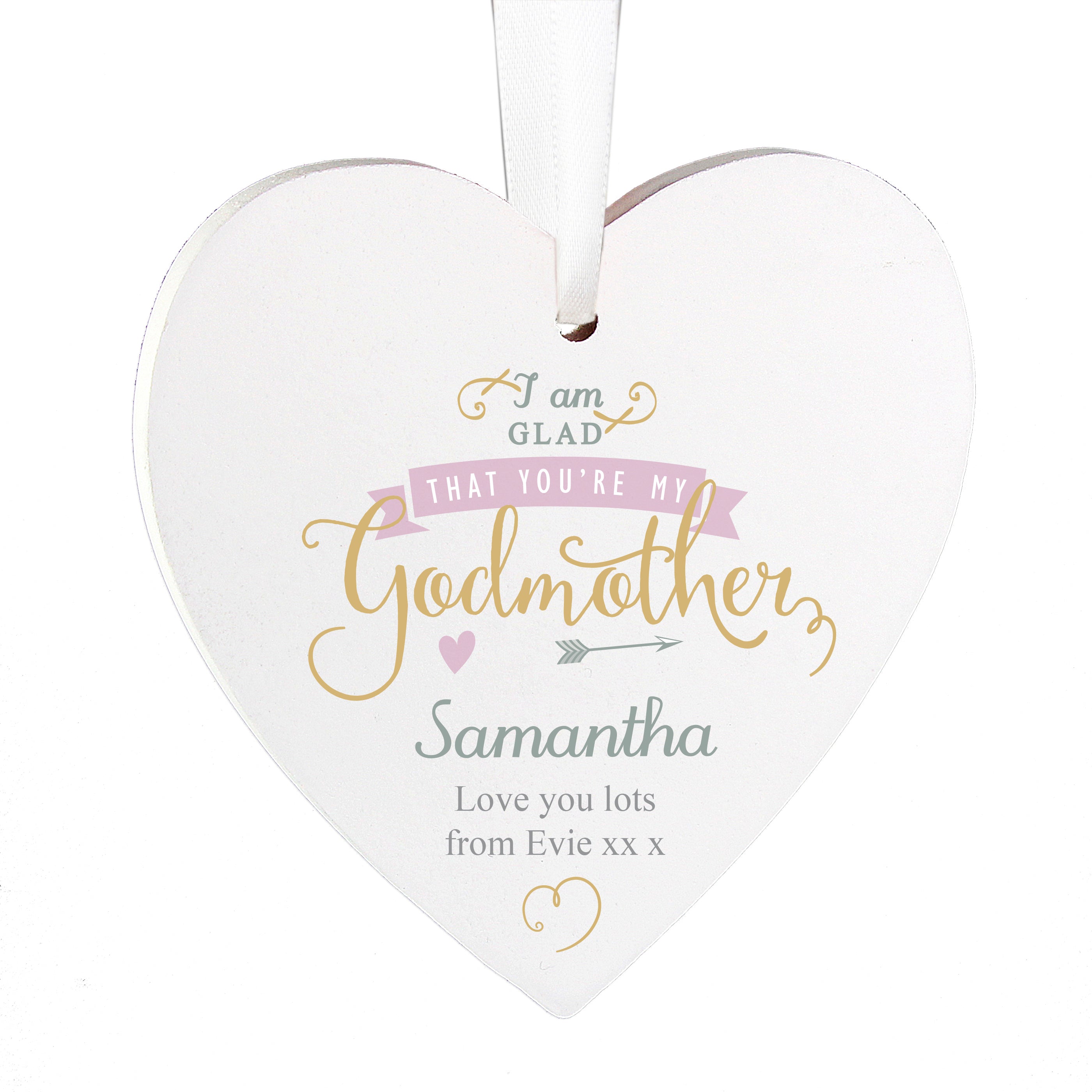 Personalised I Am Glad... Godmother Wooden Heart Decoration