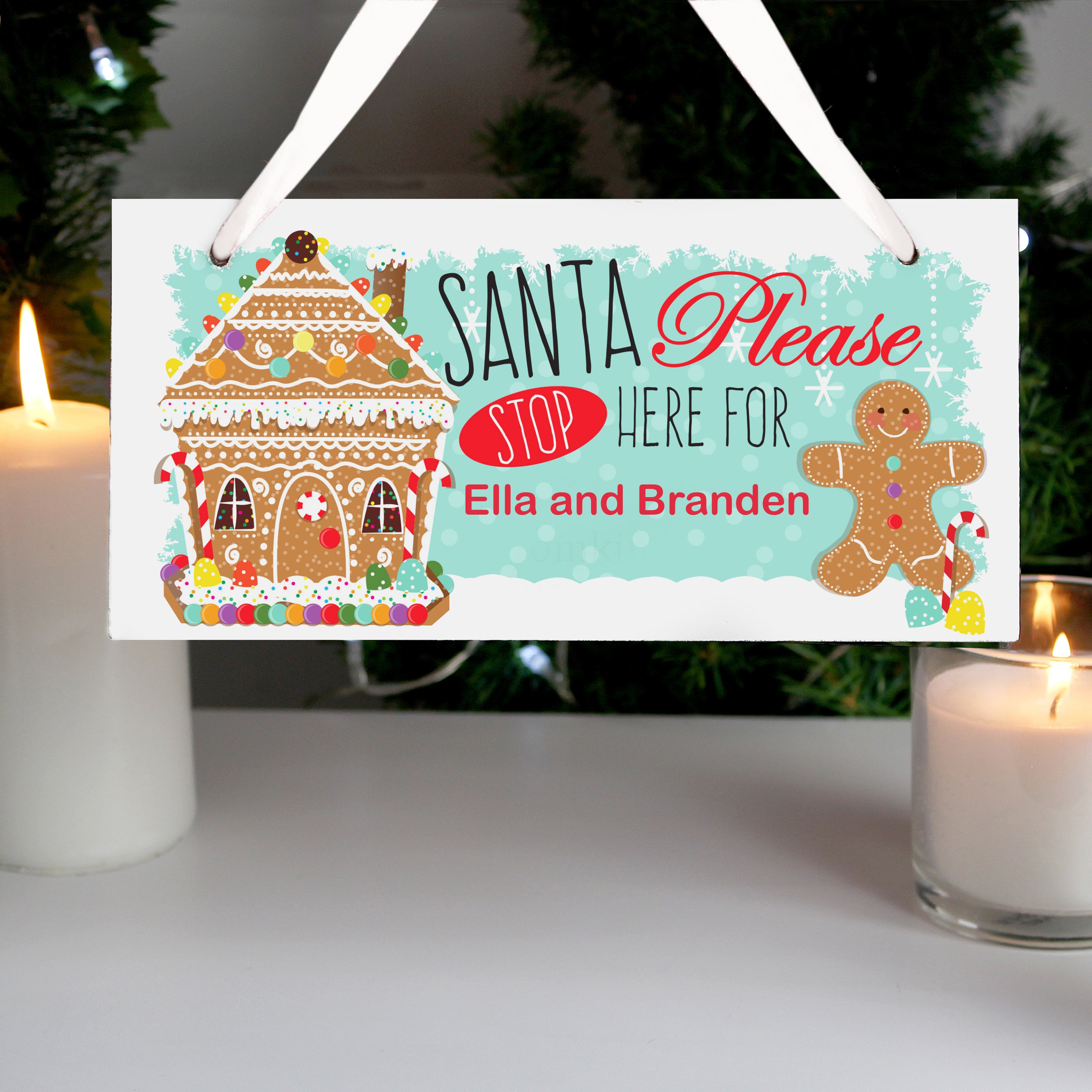 Personalised Gingerbread House Santa Stop Here Wooden Sign