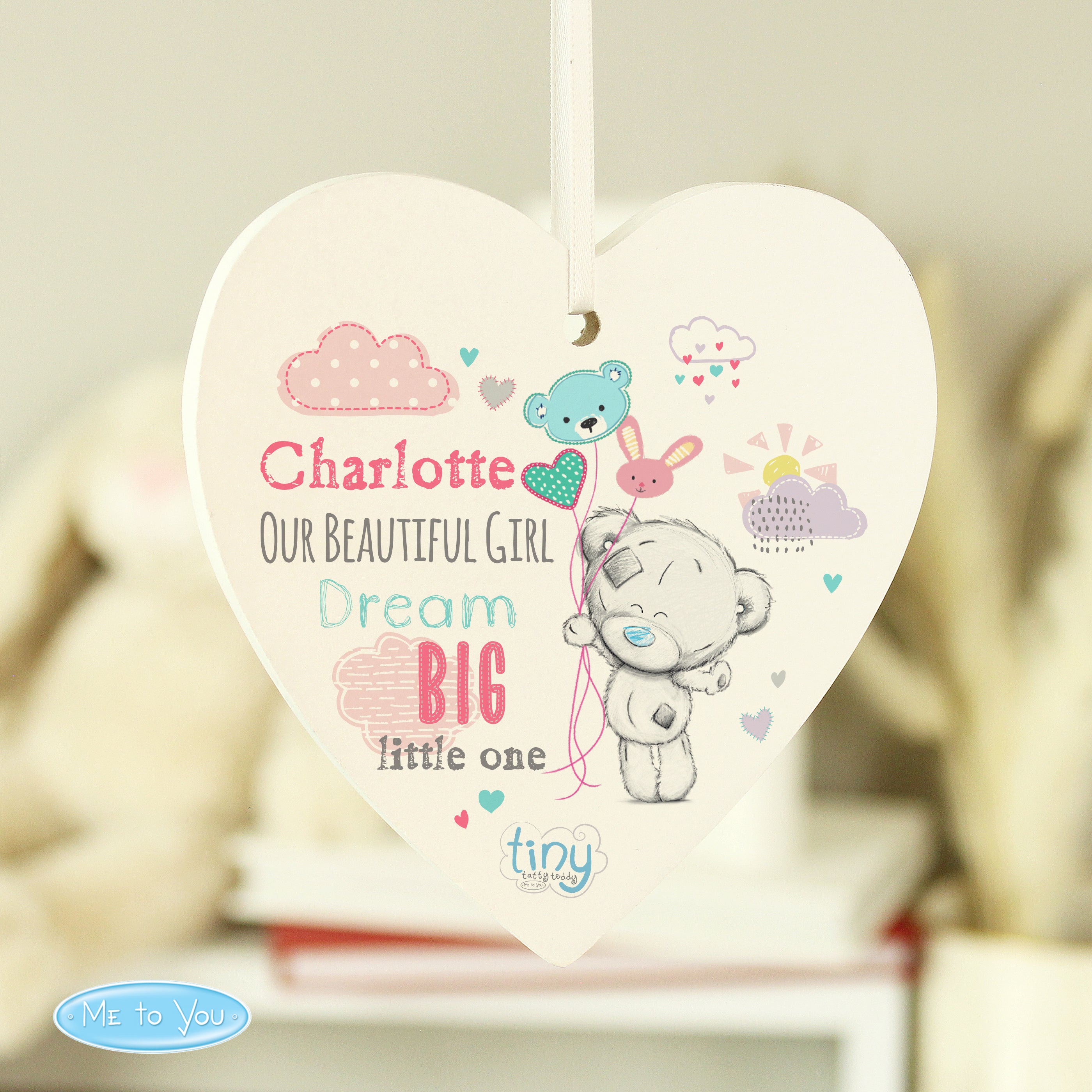 Personalised Tiny Tatty Teddy Dream Big Pink Wooden Heart Decoration