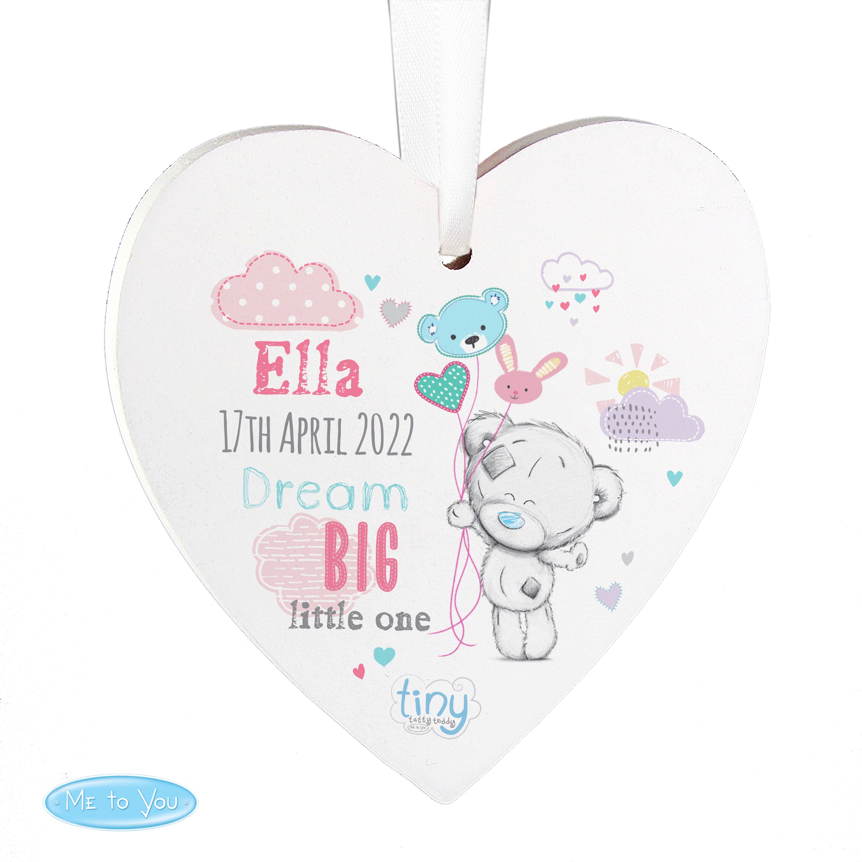 Personalised Tiny Tatty Teddy Dream Big Pink Wooden Heart Decoration