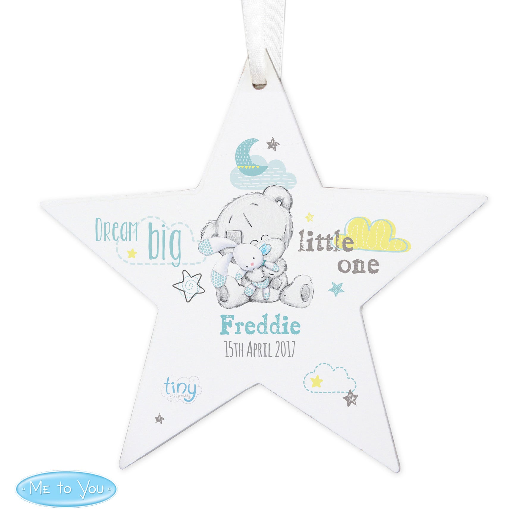 Personalised Tiny Tatty Teddy Dream Big Blue Wooden Star Decoration