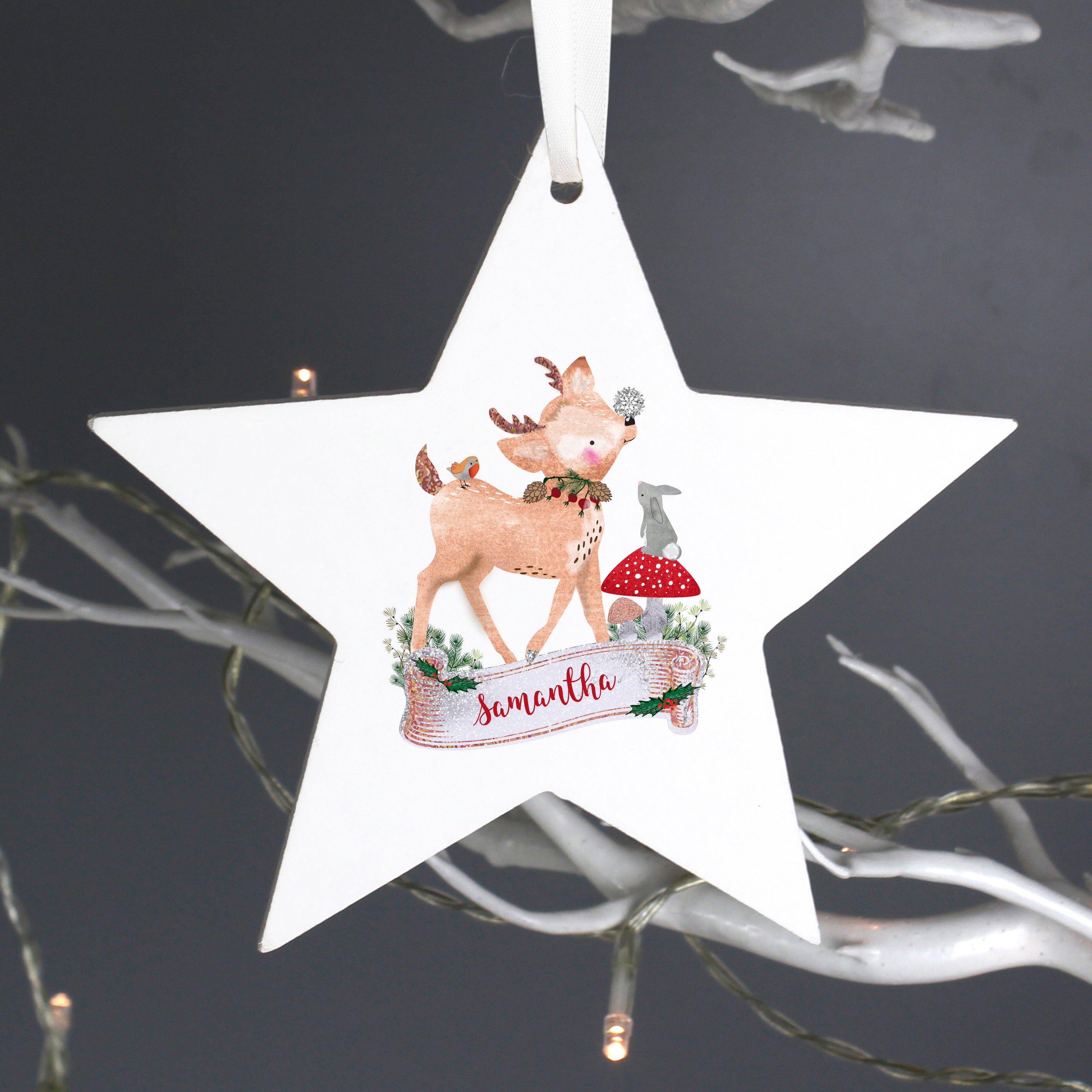 Personalised Festive Fawn Wooden Star Decoration