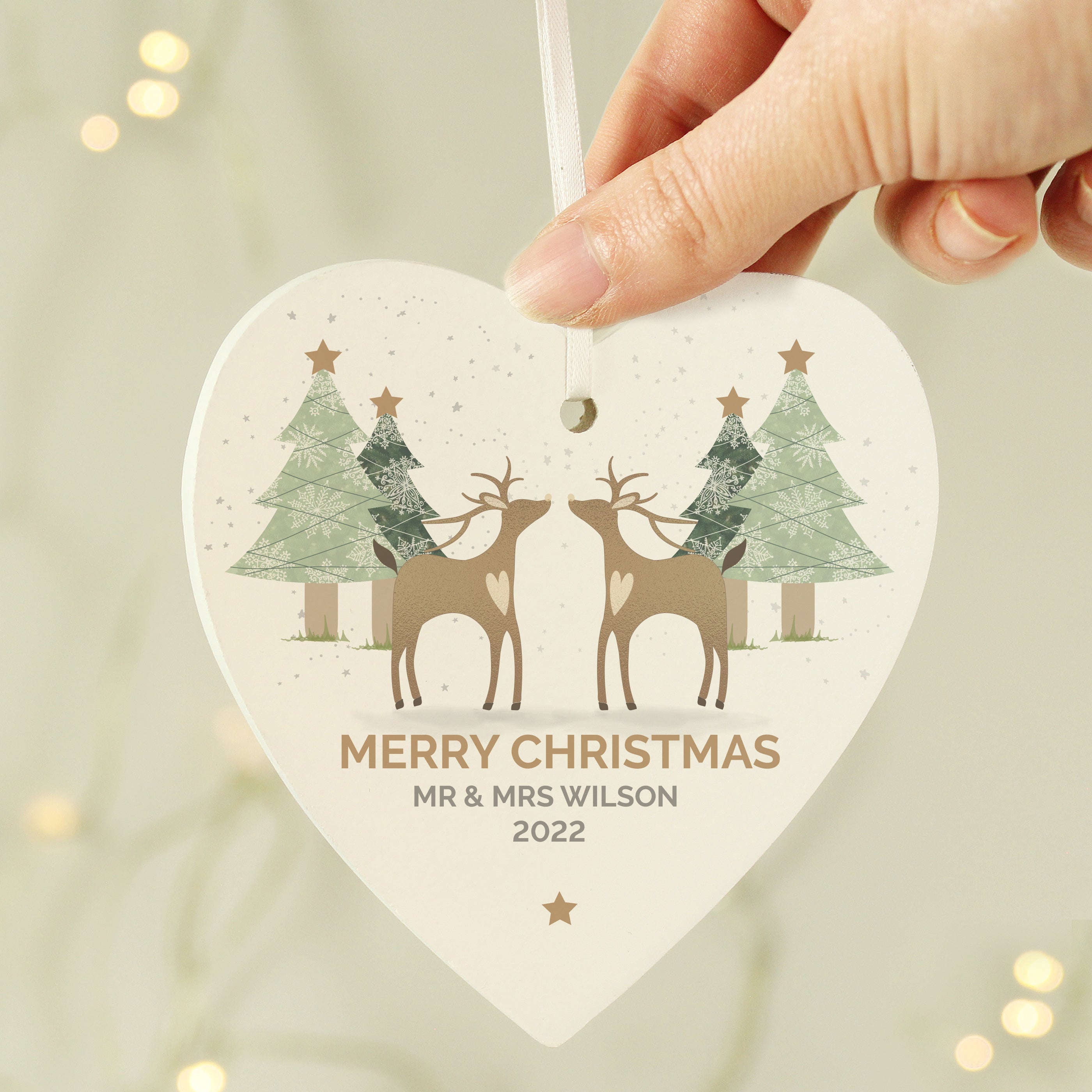 Personalised Reindeer Couple Wooden Heart Decoration