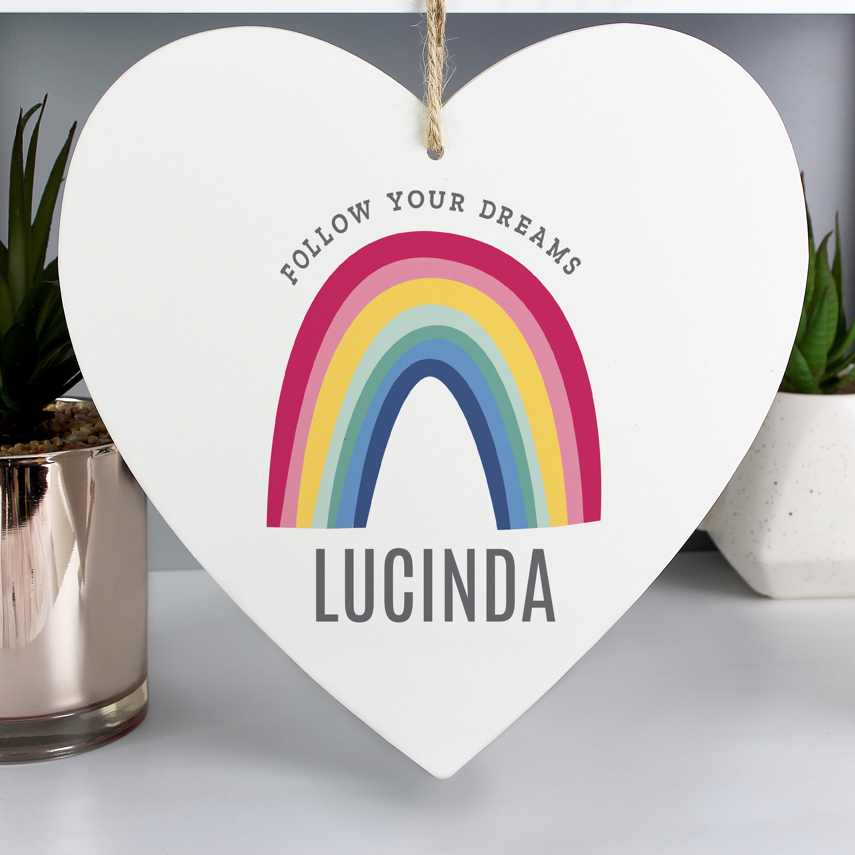 Personalised Rainbow Large Wooden Heart Decoration