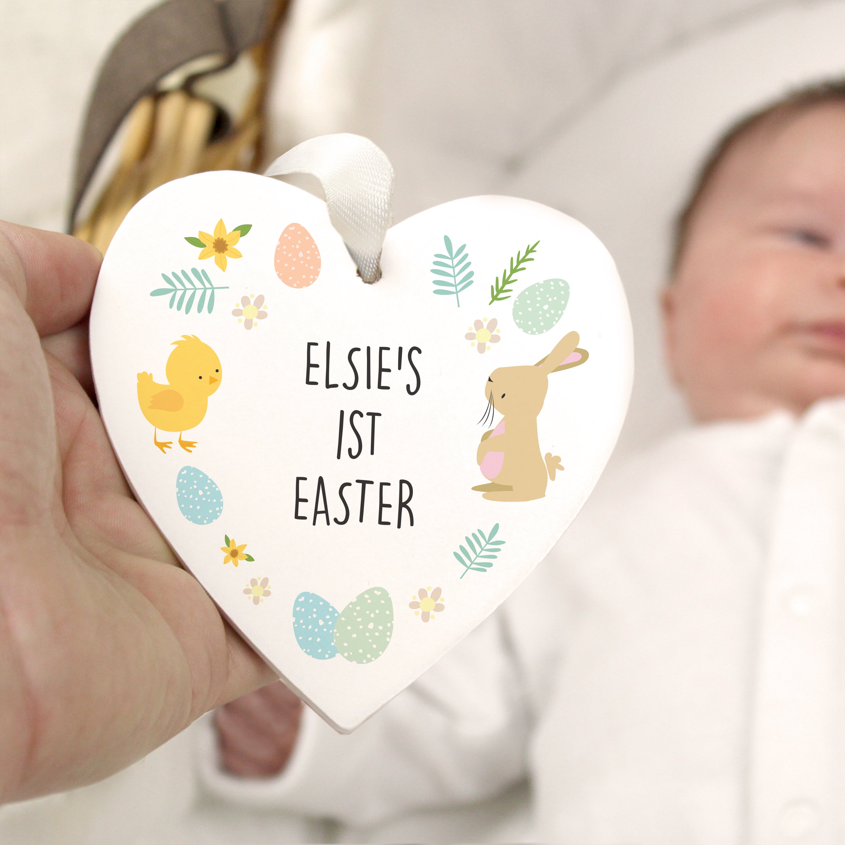 Personalised Easter Bunny & Chick Wooden Heart Decoration