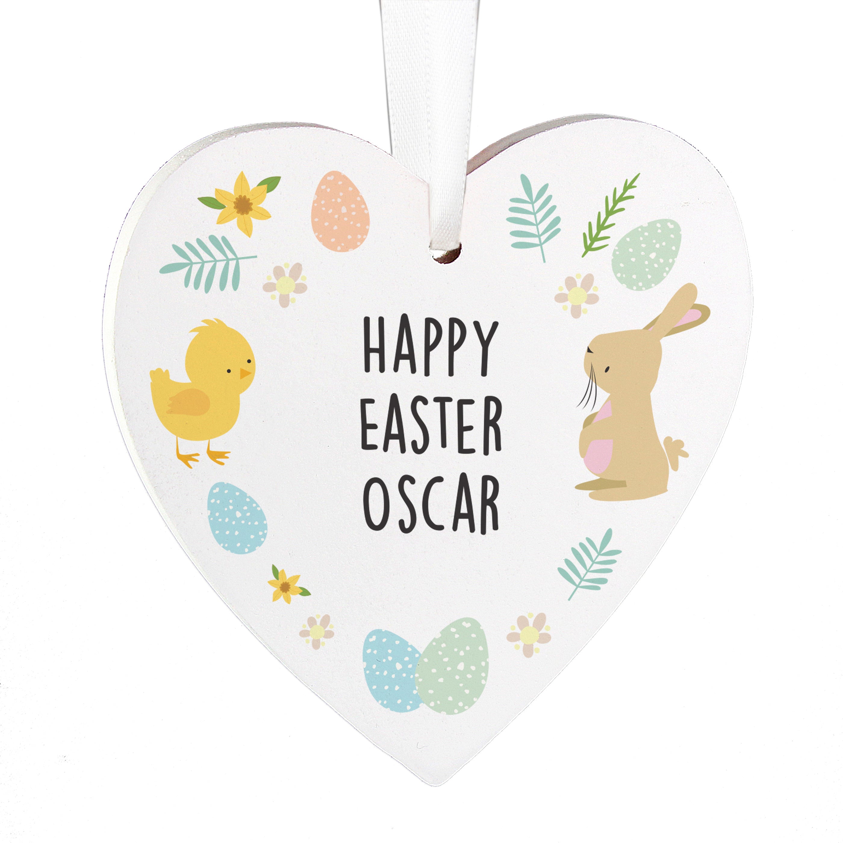 Personalised Easter Bunny & Chick Wooden Heart Decoration