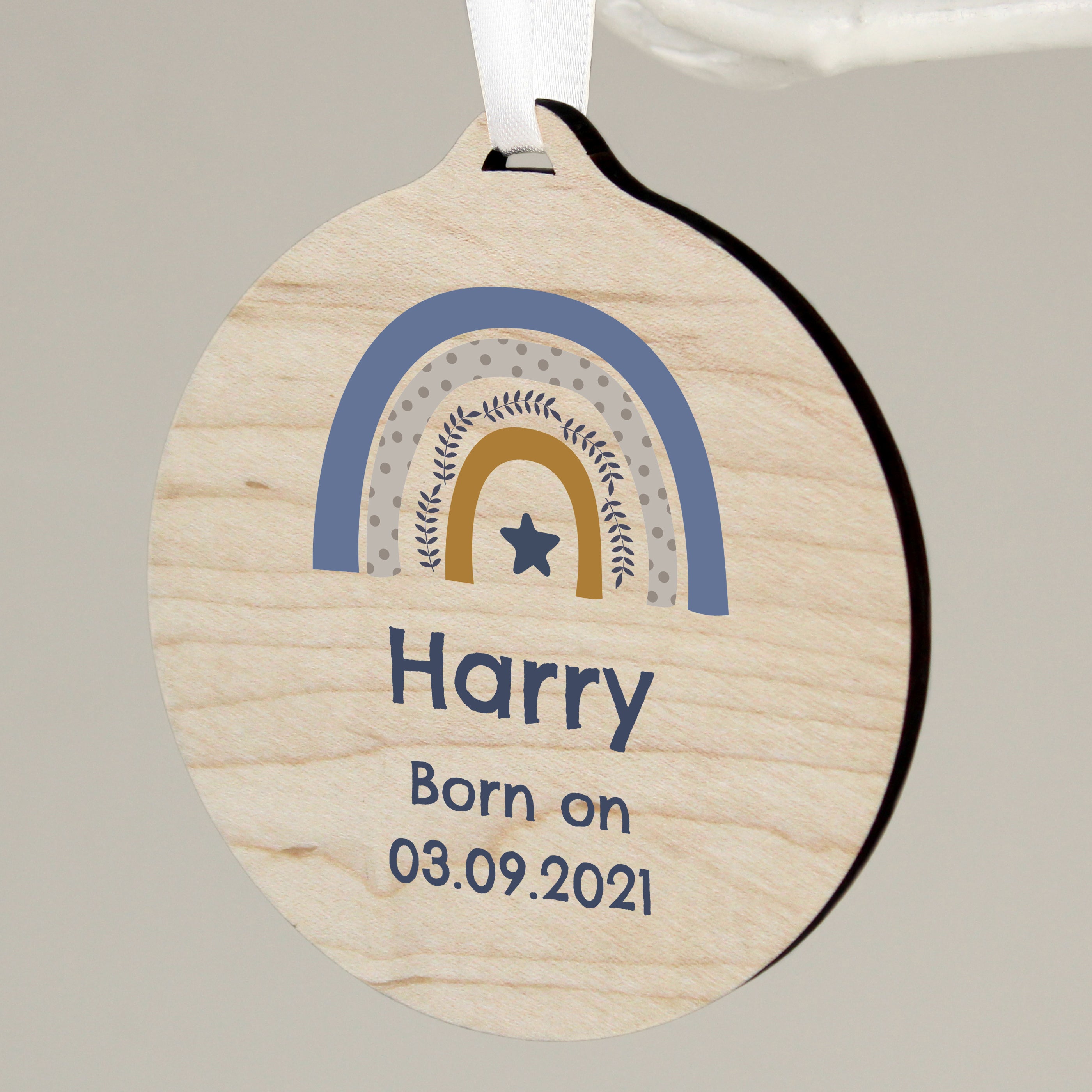 Personalised Blue Rainbow Round Wooden Decoration