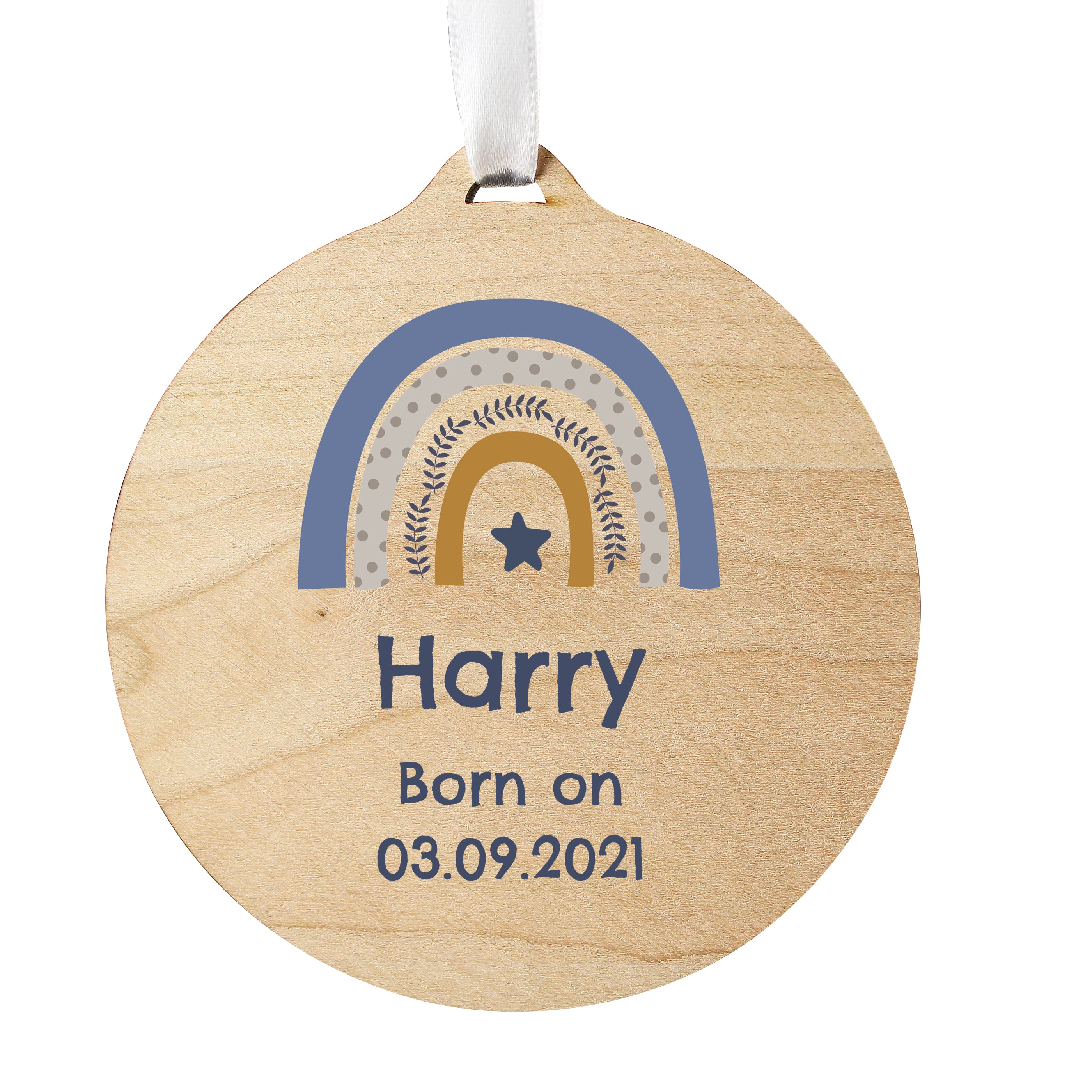 Personalised Blue Rainbow Round Wooden Decoration