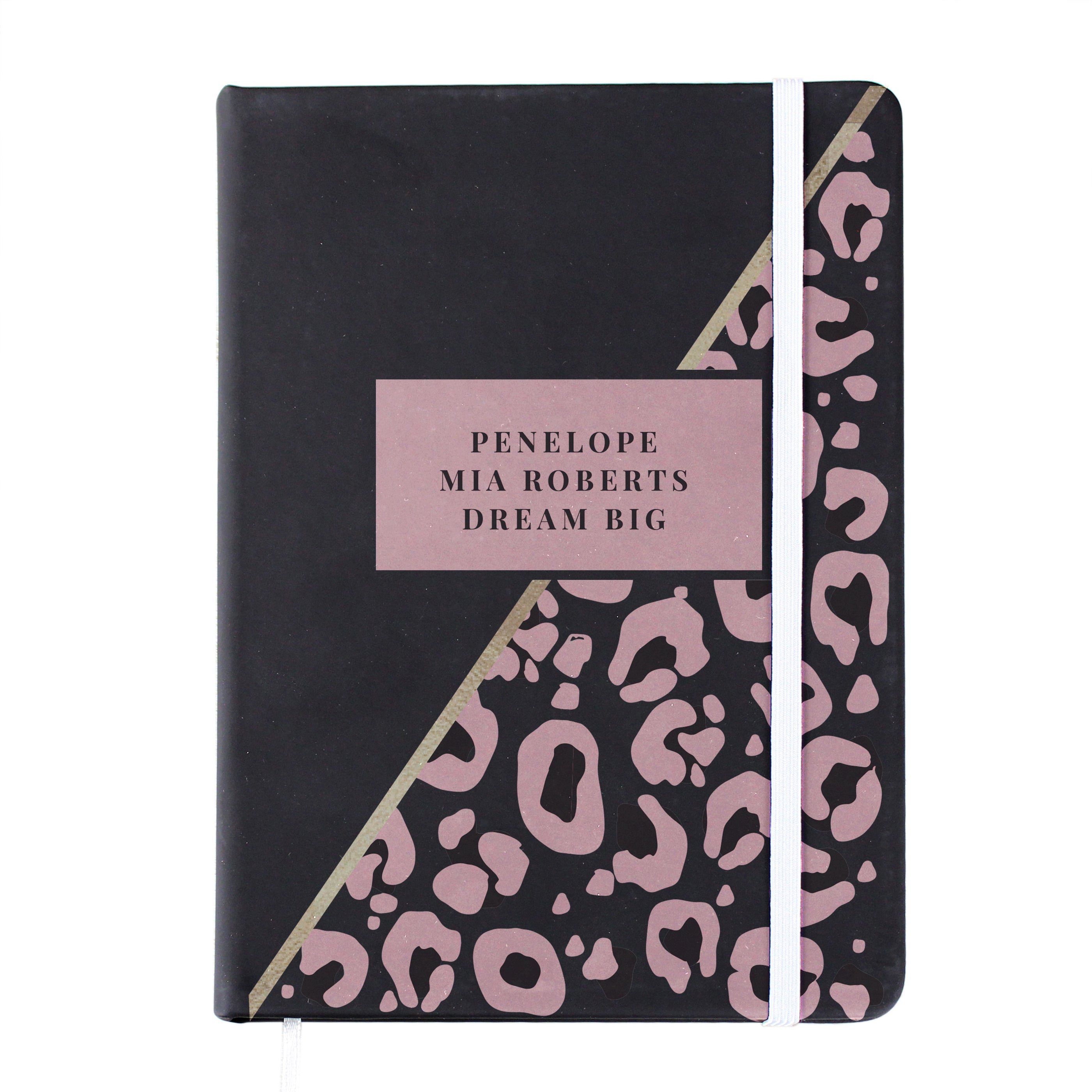 Personalised Leopard Print Black Hardback Notebook