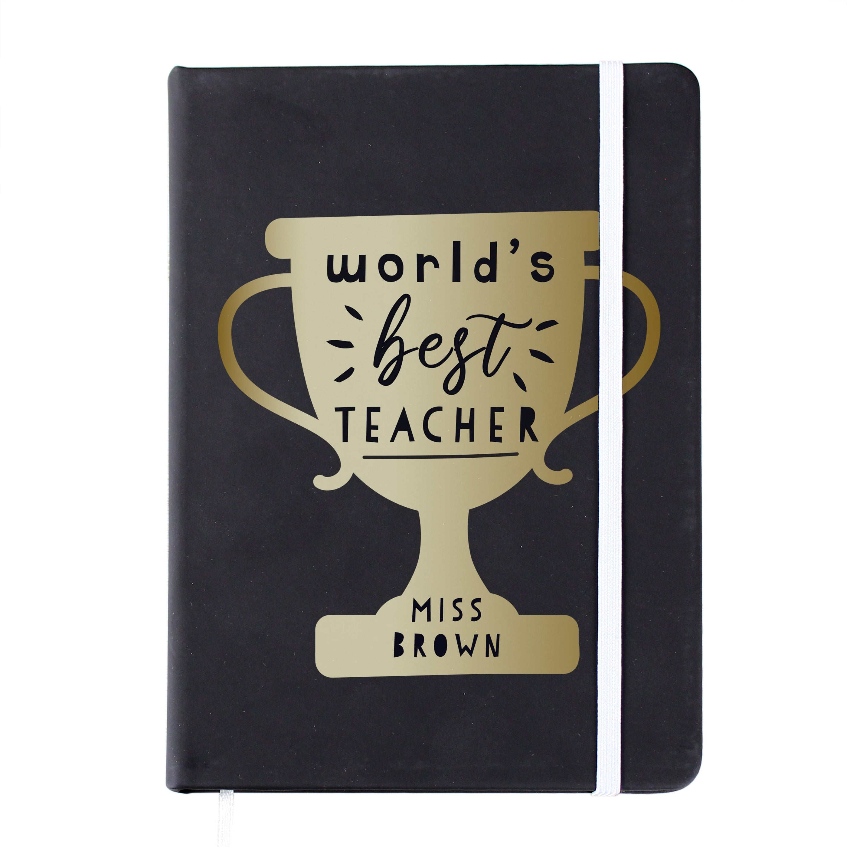 Personalised Worlds Best Teacher Trophy Black Hardback Notebook